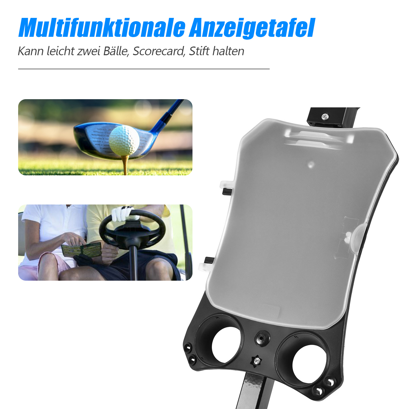 Golfwagen-Zubehör mit zwei Getränkehaltern und einer Ablage, Golfbilder.
