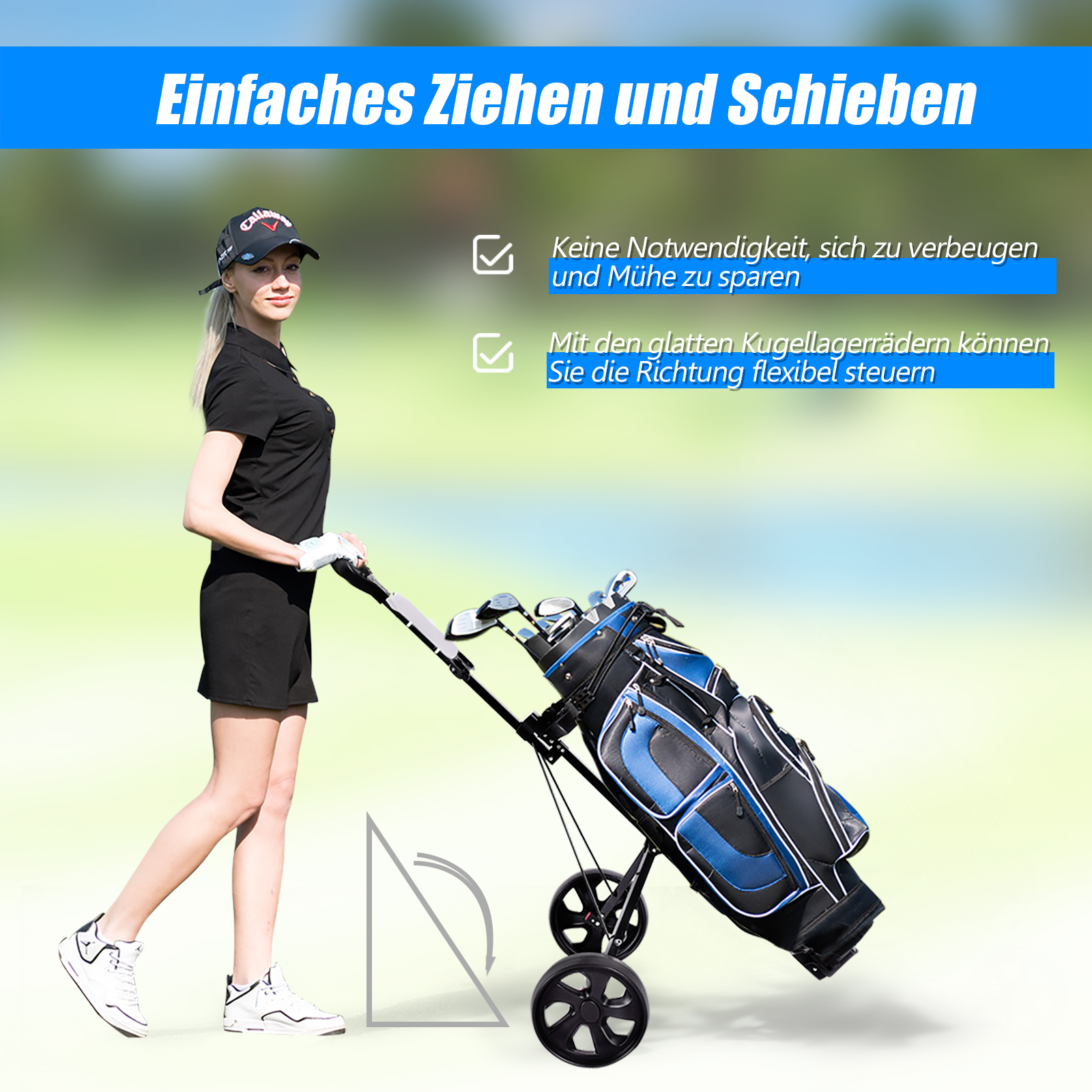 Frau schiebt Golftasche auf einem Wagen. Text sagt, es ist einfach zu ziehen und zu schieben. Blaue und schwarze Tasche.