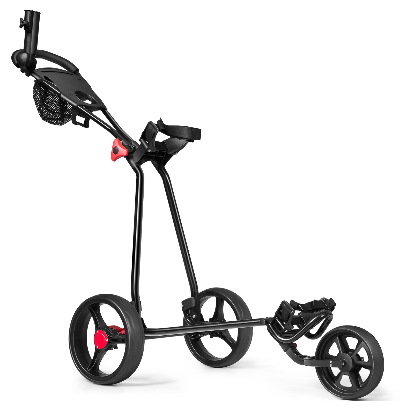 Schwarzer Golf-Schiebewagen mit drei Rädern auf weißem Hintergrund.