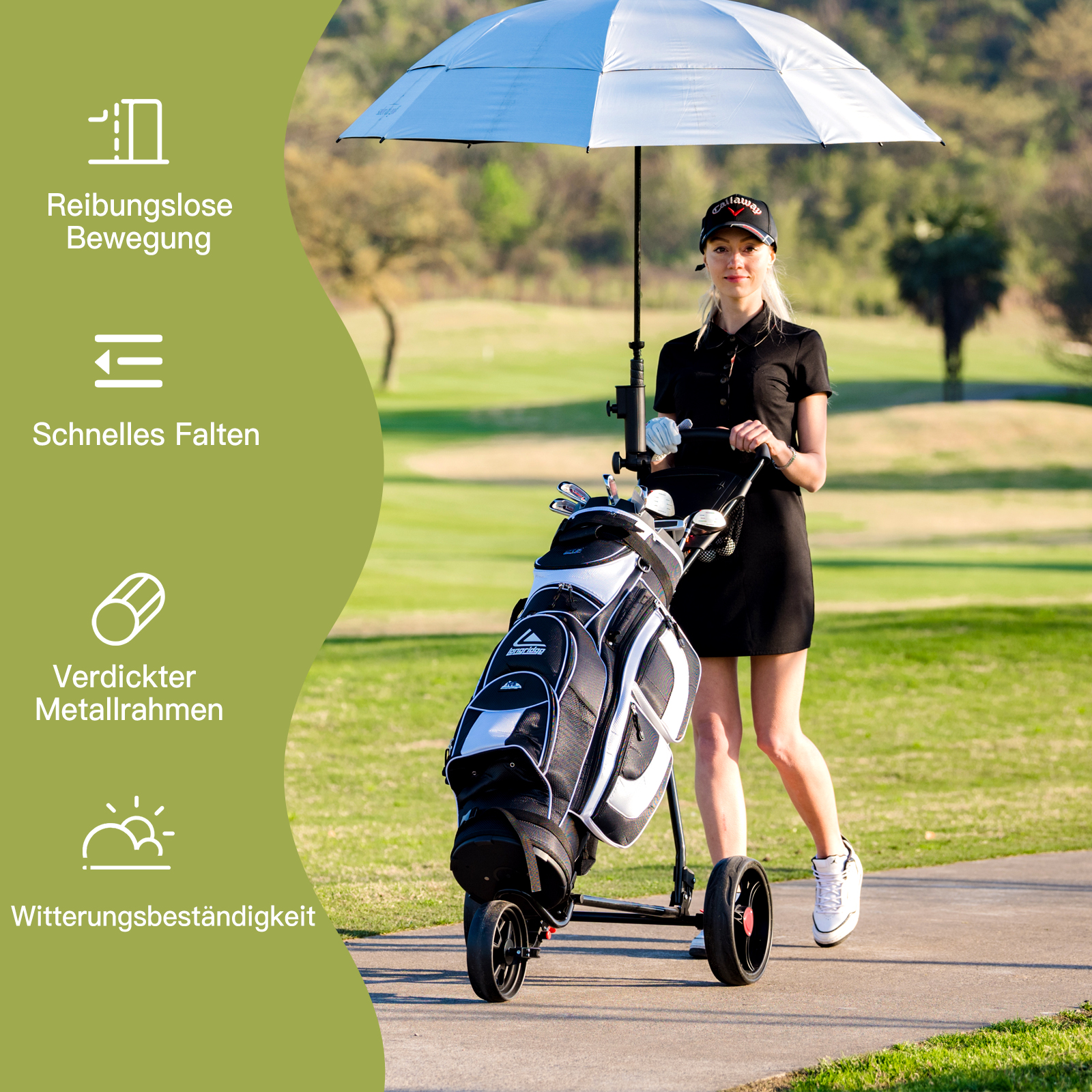 Eine Frau mit Golftasche und Schirm. Text sagt Reibungslose Bewegung, Schnelles Falten usw.