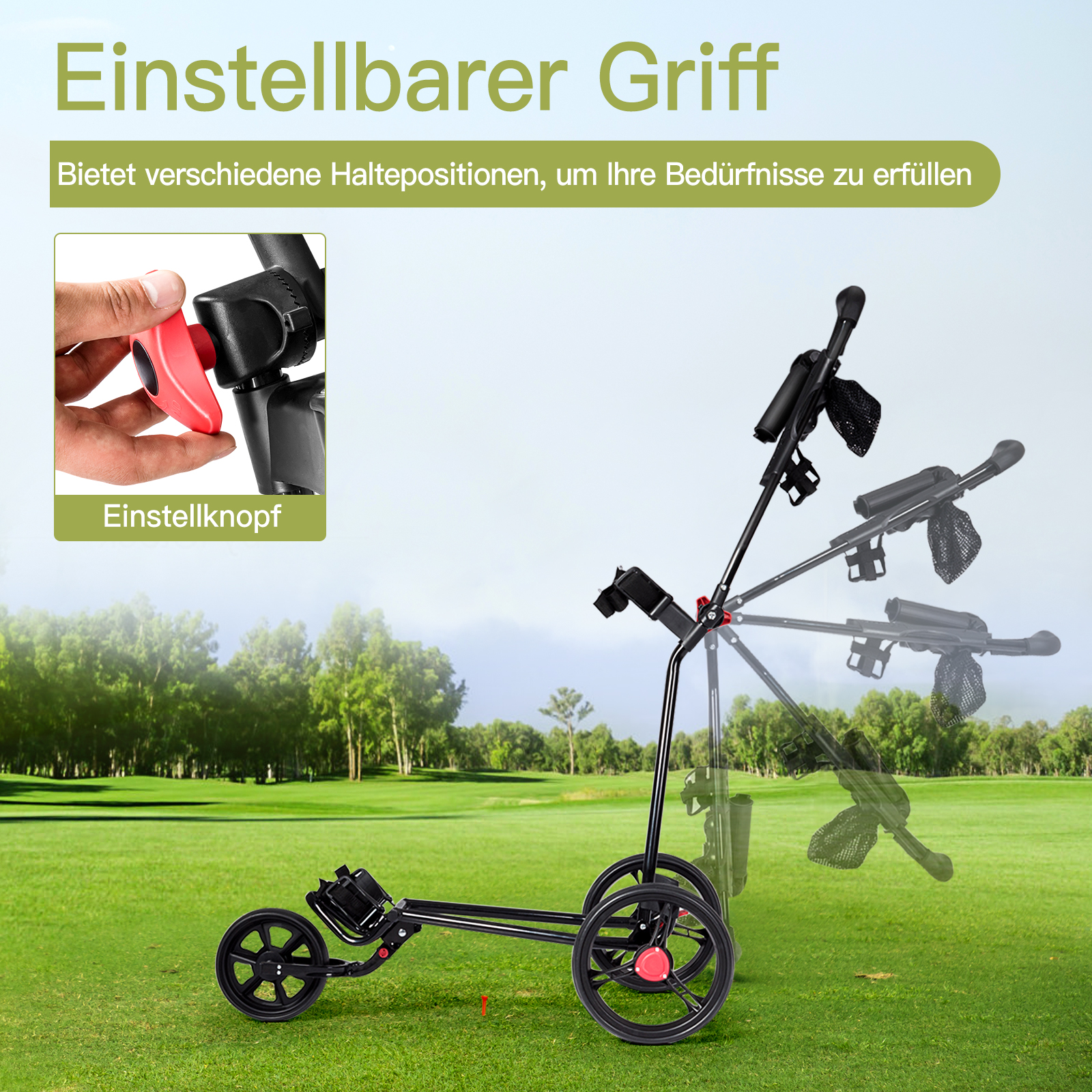 Golfwagen auf grünem Gras, verstellbarer Griff mit rotem Knopf und grüne Bäume im Hintergrund.