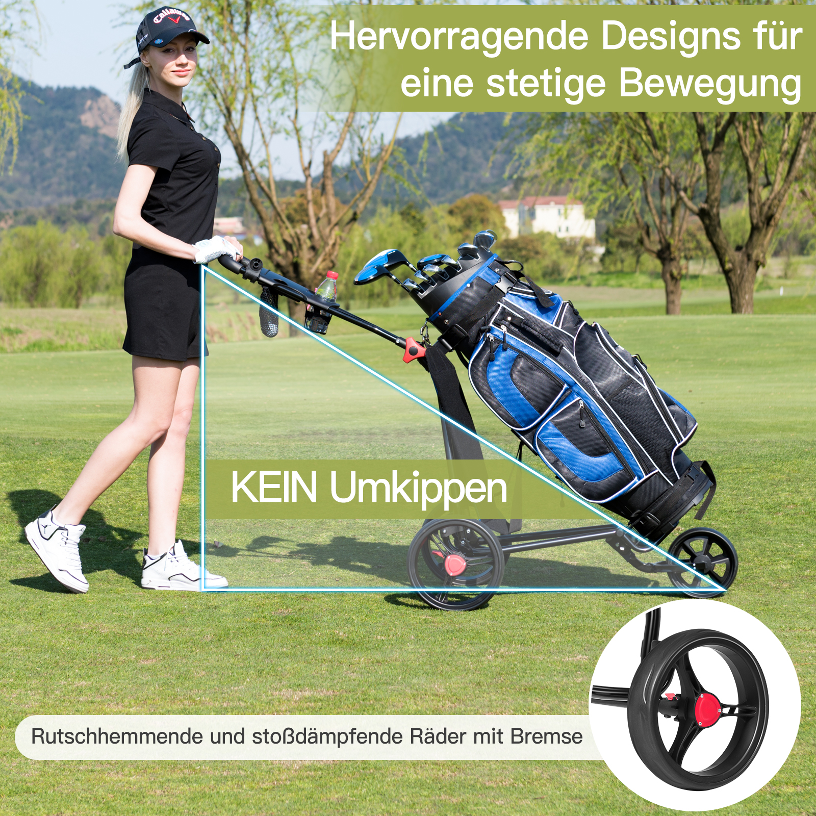 Frau mit Golfwagen auf einem grünen Golfplatz. Zeigt die Funktionen des Wagens.