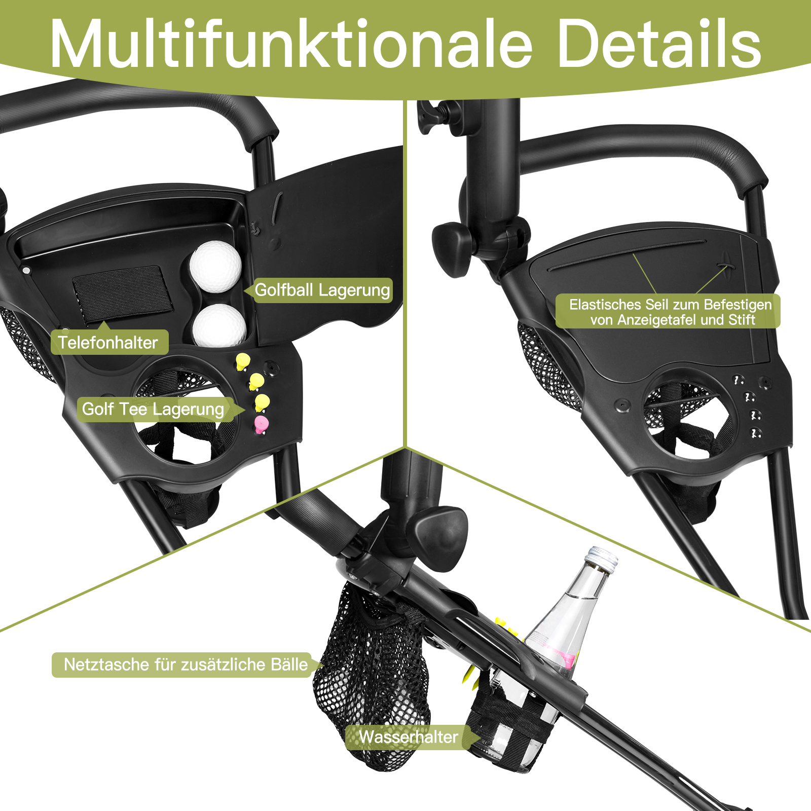 Nahaufnahme eines Golfwagens mit Fächern. Er hat einen Golfballhalter, Teehalter und einen Wasserflaschenhalter.