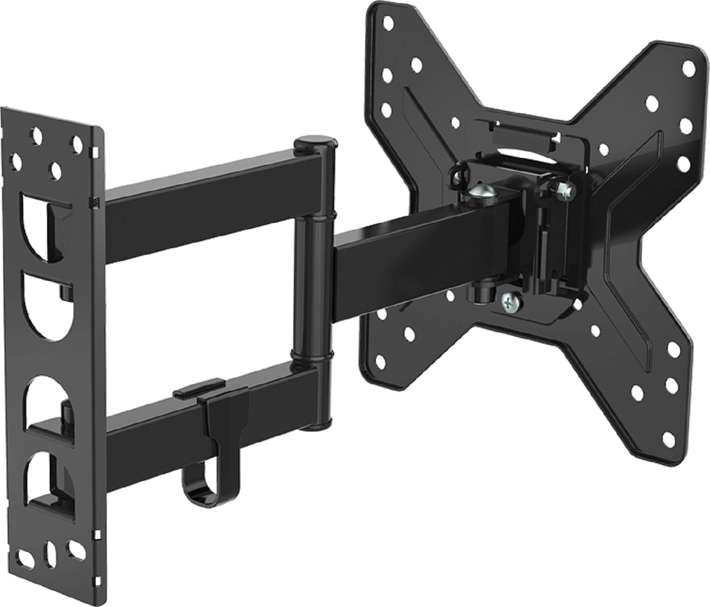 Eine schwarze TV-Wandhalterung mit verstellbaren Armen, isoliert auf weißem Hintergrund.