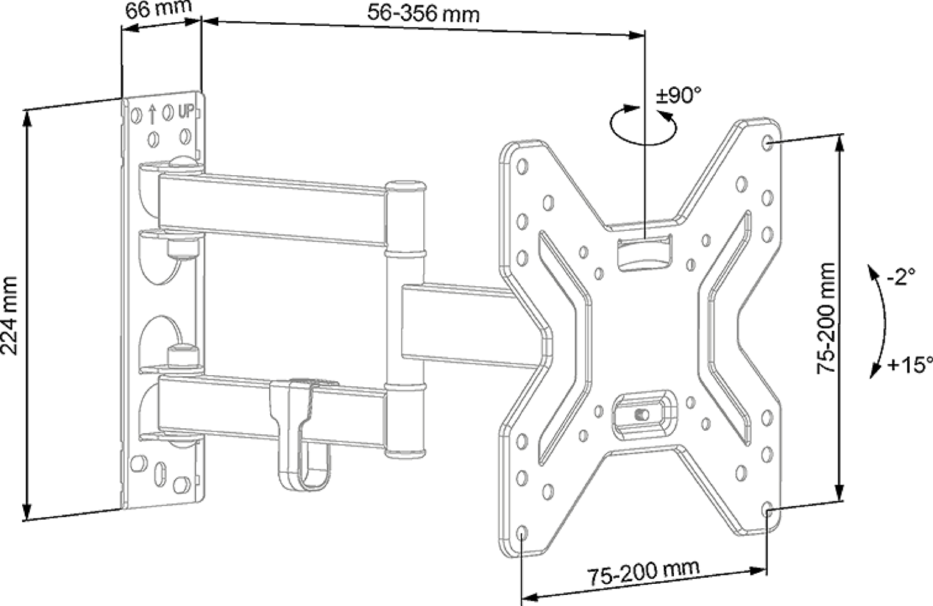 Diagramm einer TV-Wandhalterung mit Abmessungen und Winkeln, auf weißem Hintergrund. Die Halterung ist grau und schwarz.