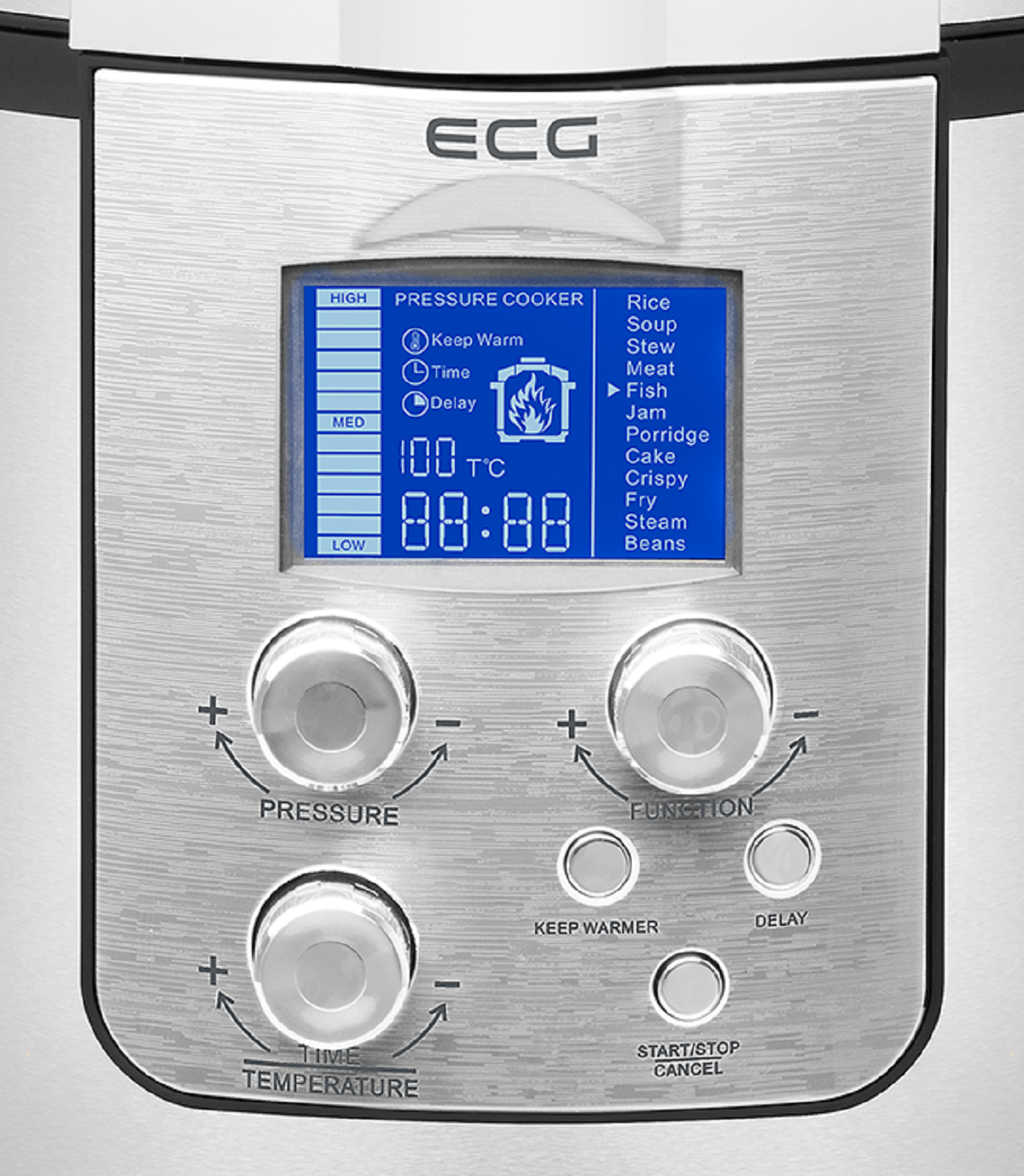 Pannello di controllo della pentola a pressione ECG con pulsanti, mostra tempo e temperatura.