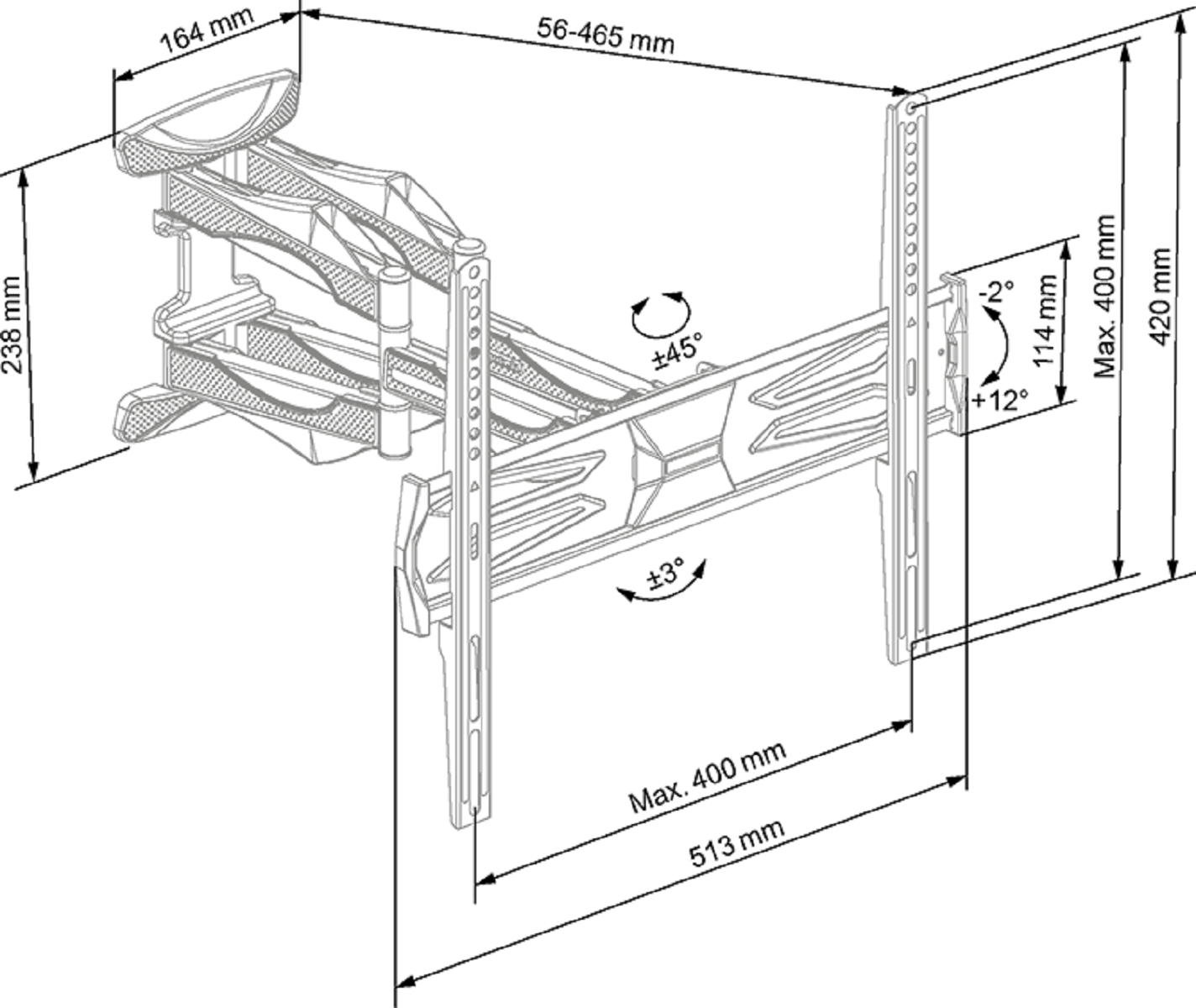 Eine TV-Wandhalterung aus silbernem Metall mit Abmessungen und Richtungspfeilen, die die Bewegung anzeigen.