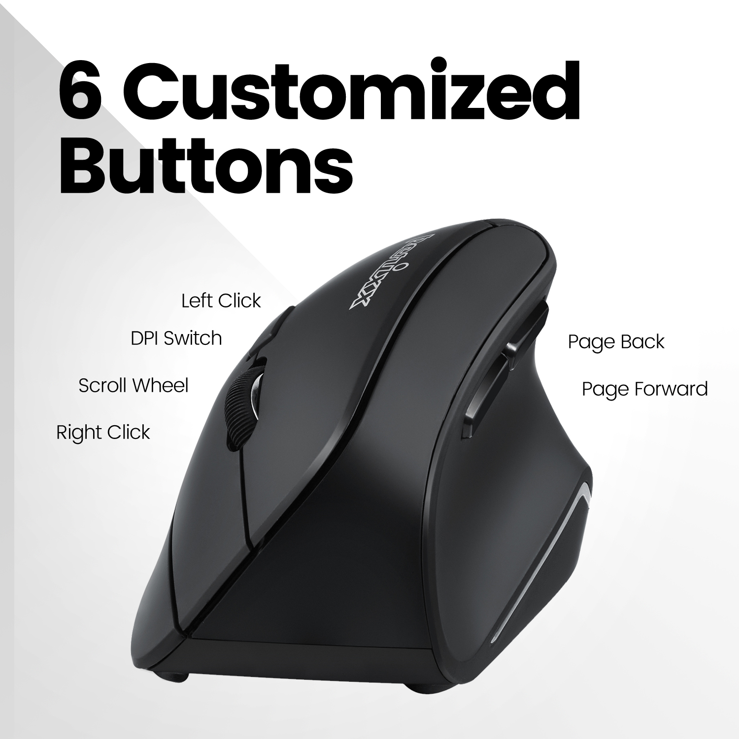 Schwarze ergonomische Maus mit 6 Tasten. Zeigt Links-/Rechtsklick, DPI-Schalter, Scrollrad.