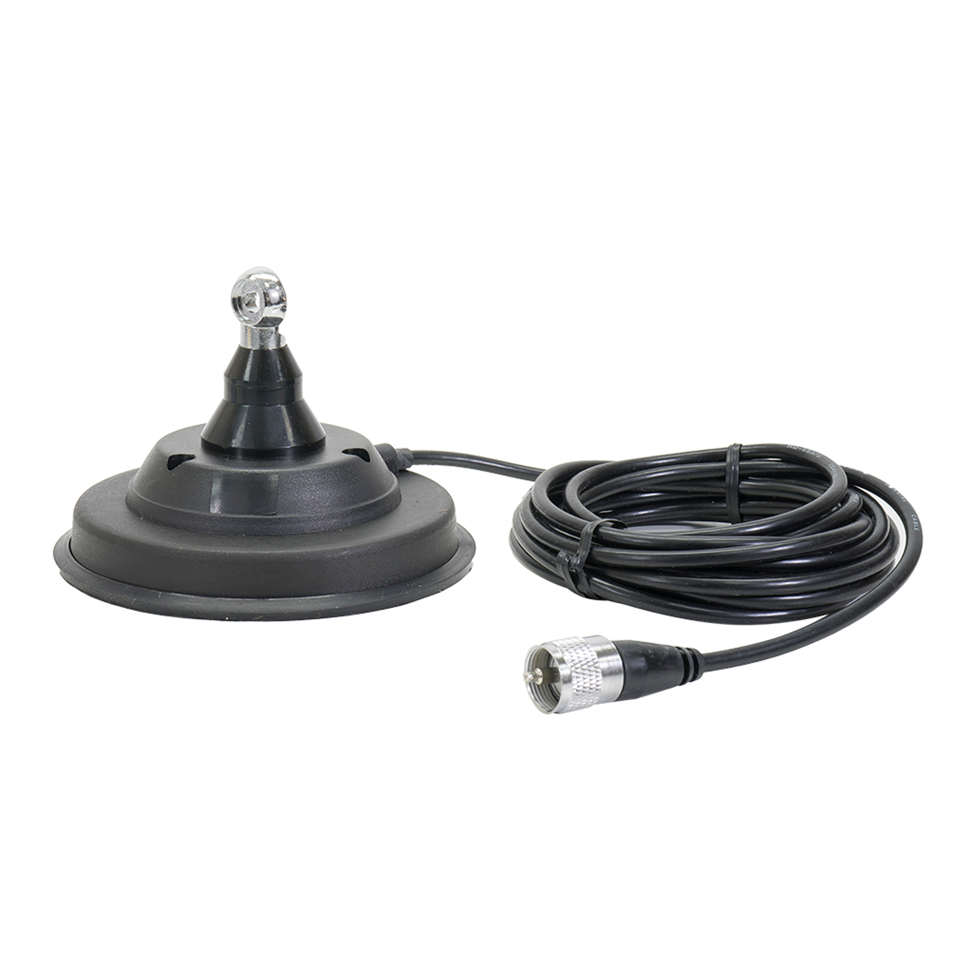 Schwarze Antenne mit Magnetfuß und Kabel. Das Kabel ist aufgerollt und hat am Ende einen Stecker.