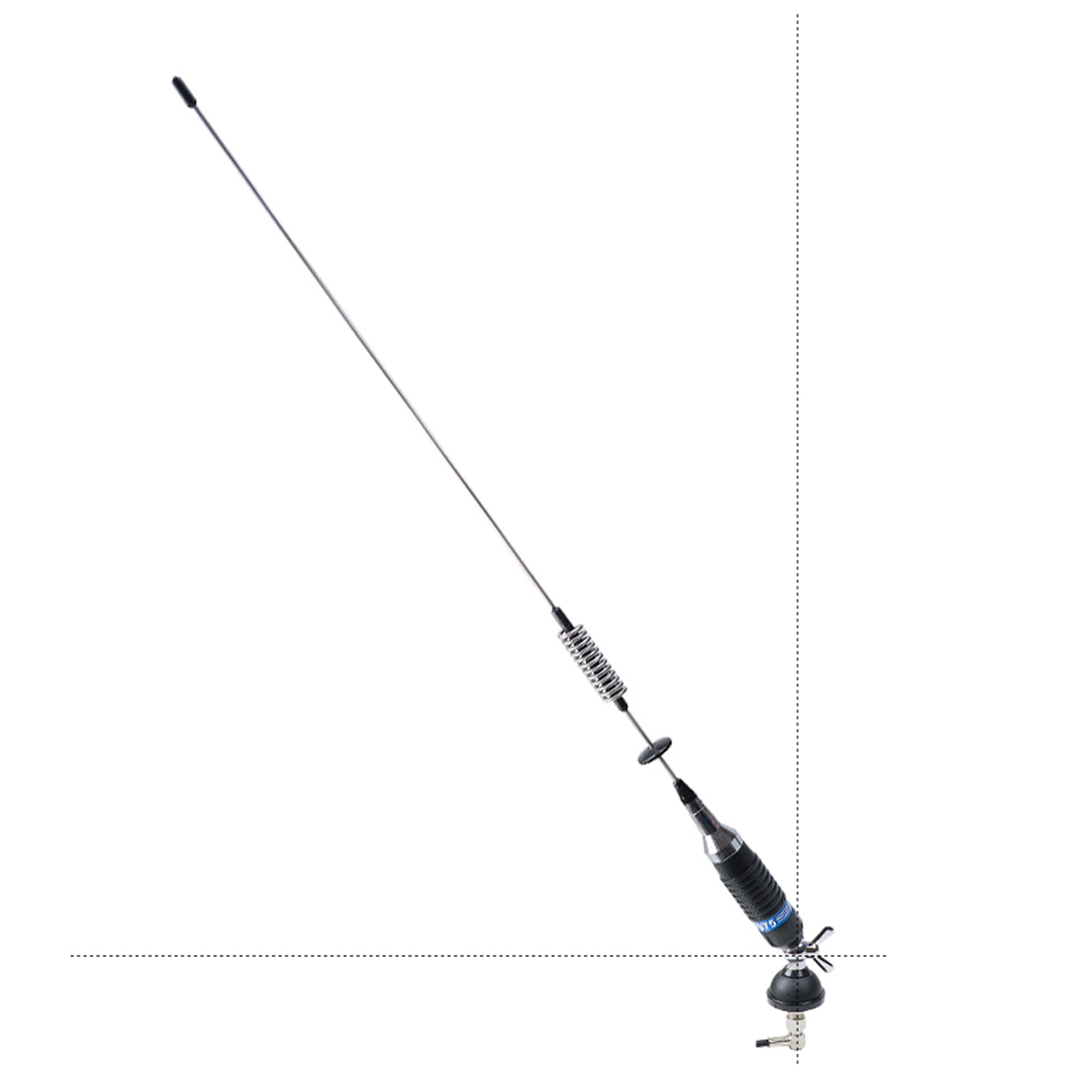 Schwarze Autoantenne mit langer, dünner Antenne. Sie befindet sich auf weißem Hintergrund.
