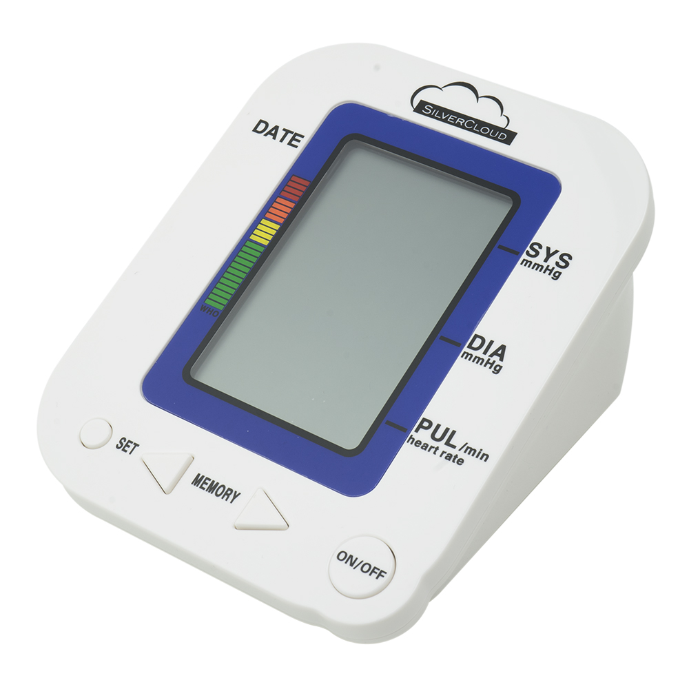 Ein weißes Blutdruckmessgerät mit blauem Display. Es zeigt Datum, SYS, DIA, PUL und On/Off-Tasten.