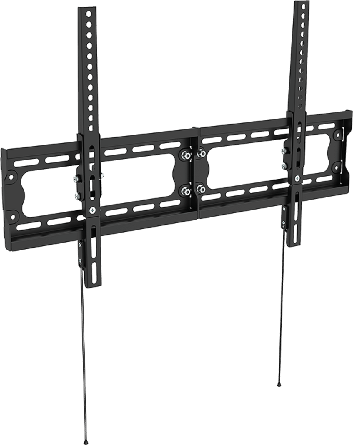 Eine schwarze TV-Wandhalterung mit verstellbaren horizontalen Stangen und vertikalen Schienen vor weißem Hintergrund.