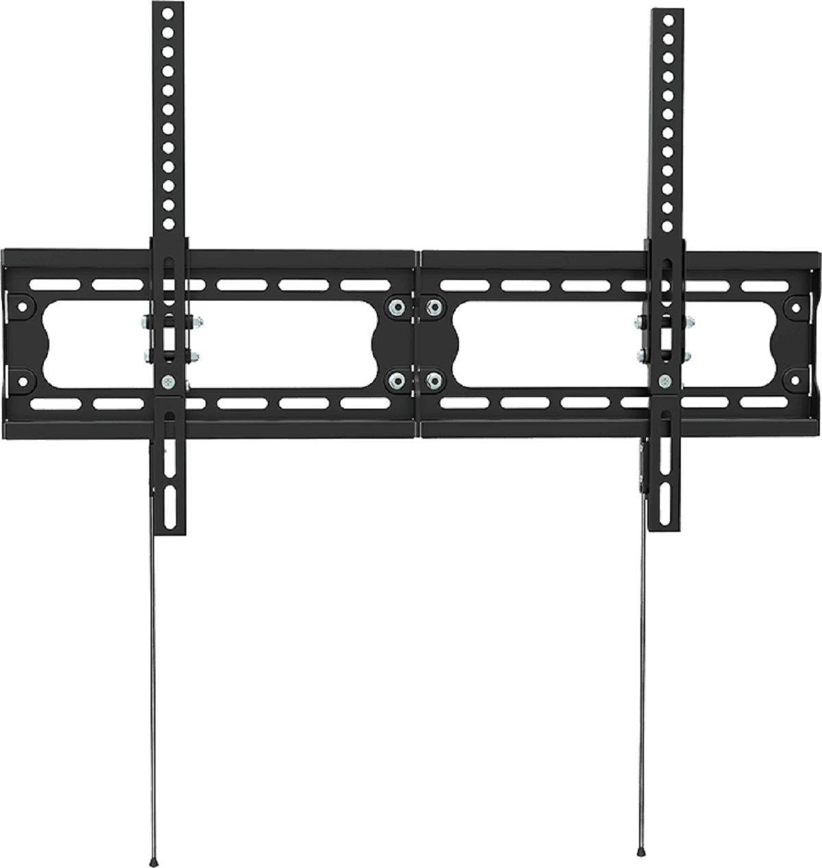 Eine schwarze TV-Halterung mit Halterungen und Schrauben, zur Wandmontage.
