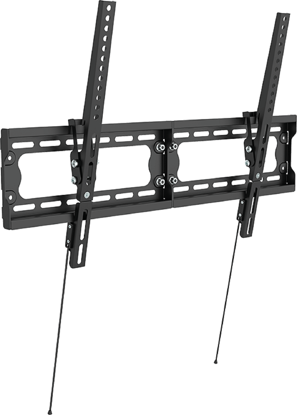 Schwarze TV-Wandhalterung mit verstellbaren Armen und Befestigungsmaterial, auf weißem Hintergrund.