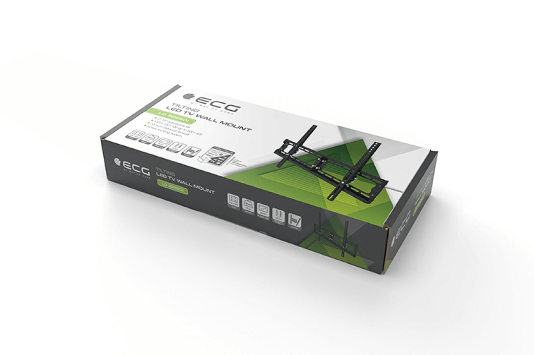 Eine verpackte ECG LED TV-Wandhalterungsbox mit Produktdetails auf der Vorderseite.