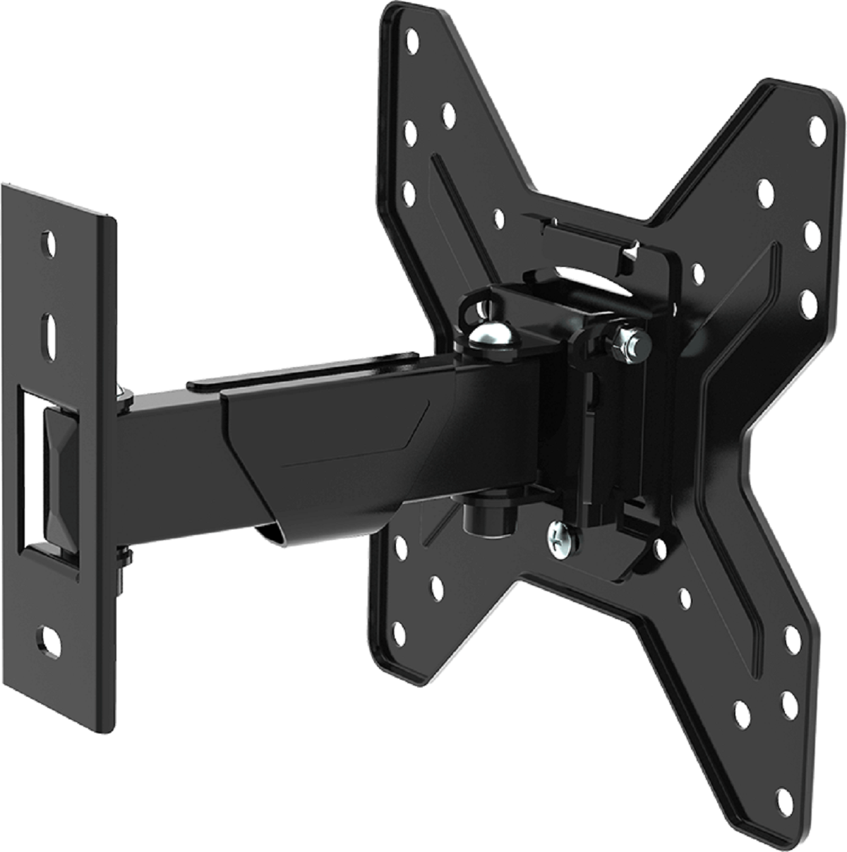 Schwarze TV-Wandhalterung mit mehreren Einstell- und Befestigungspunkten.