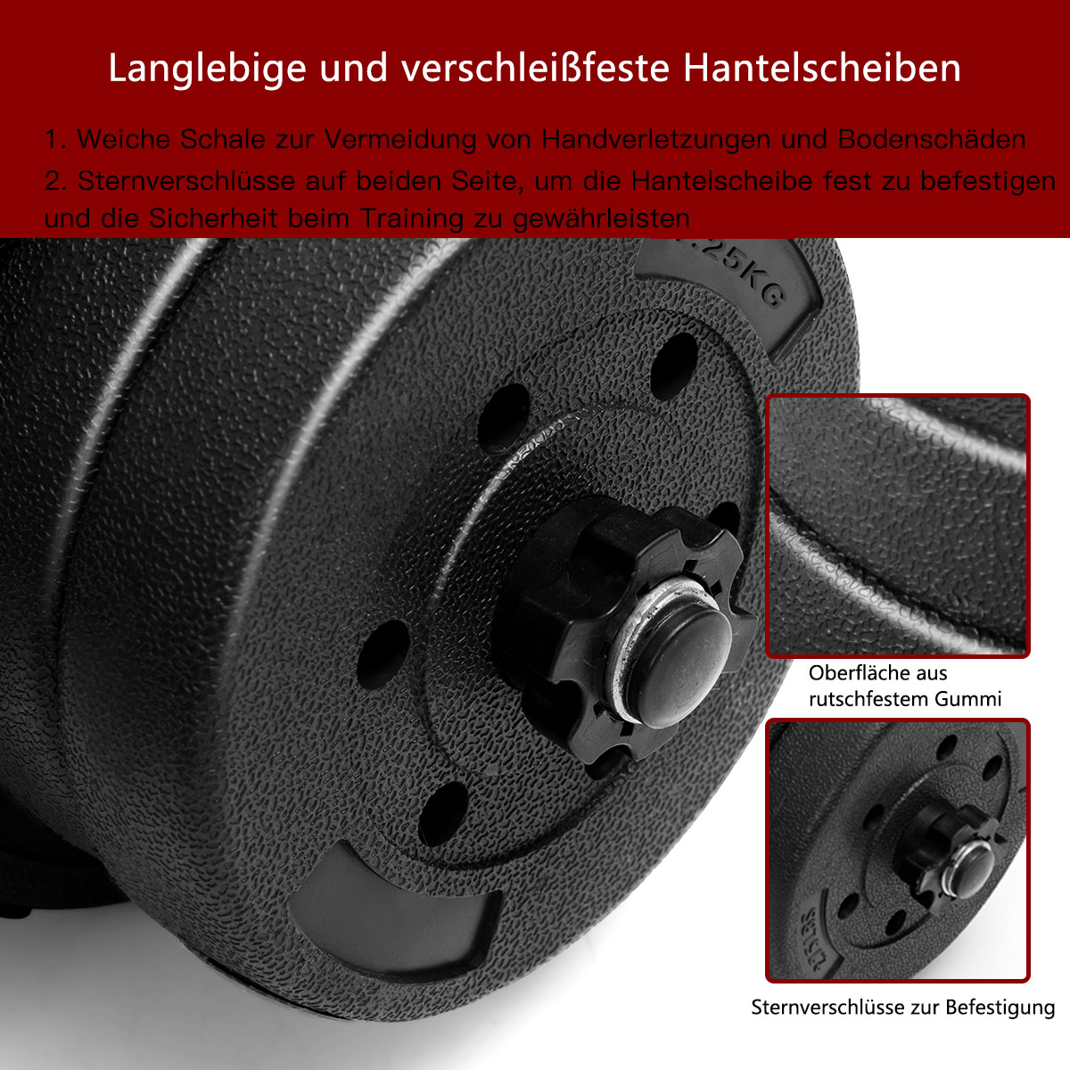 Nahaufnahme einer schwarzen Hantel mit sternförmigen Verschlüssen, schwarzer Hintergrund.