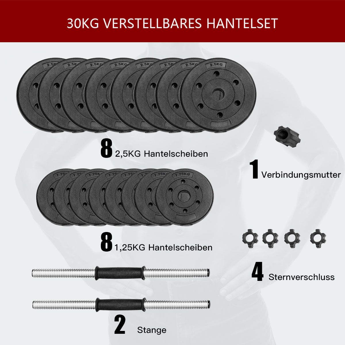 Ein Satz Gewichtsplatten, Hanteln und Stangen. Text: 30KG VERSTELLBARES HANTELSET.