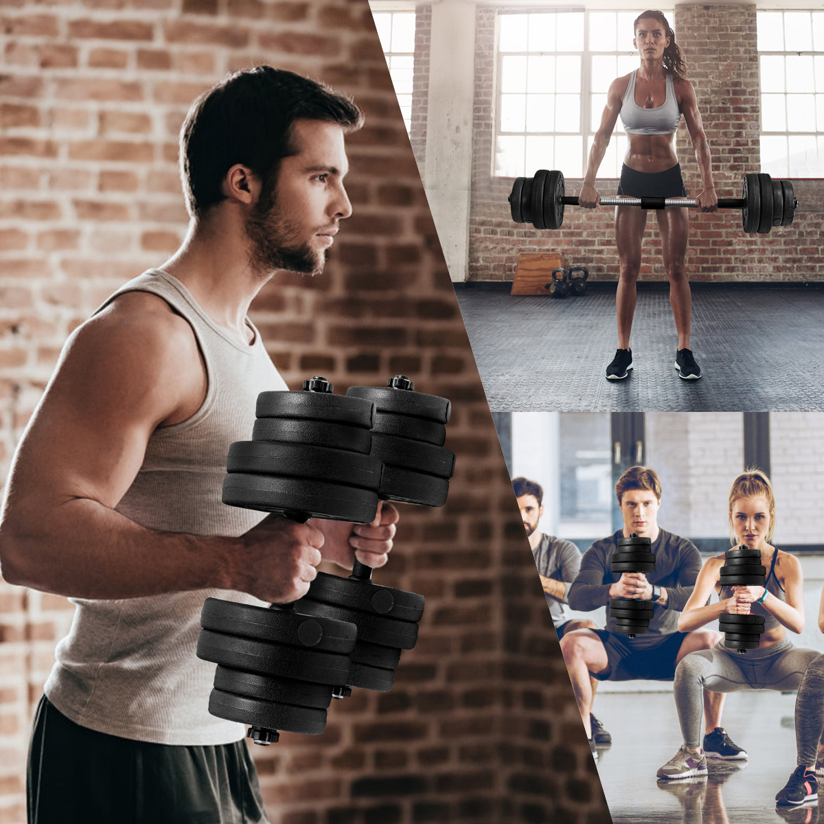Personen heben Gewichte in einem Fitnessstudio. Mann hebt Kurzhanteln, zwei Personen squatten.