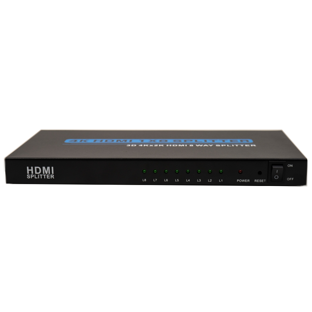 HDMI-Splitter mit mehreren Ausgangsanschlüssen. Power- und Reset-Tasten. Weißer Hintergrund.