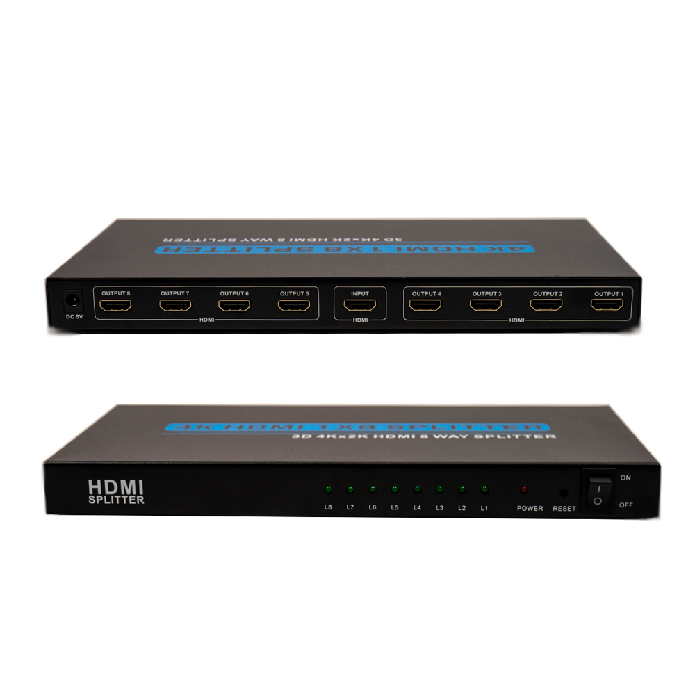 Schwarzer HDMI-Splitter mit acht Ausgangsanschlüssen und einem Eingangsanschluss.