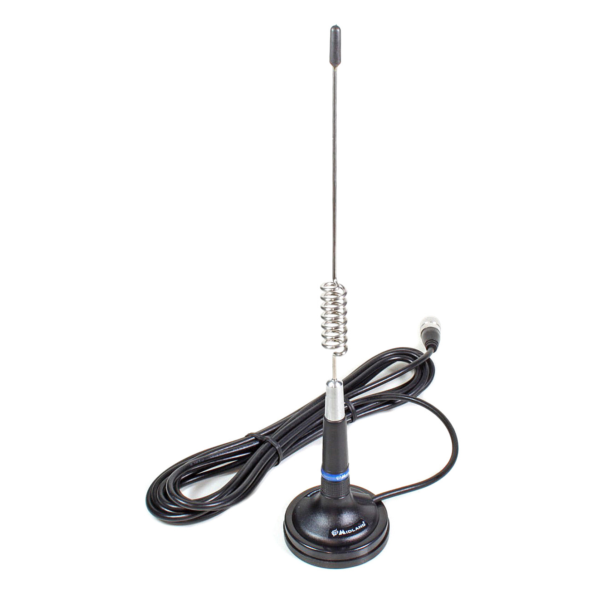 Schwarze Autoantenne mit Magnetfuß und Kabel.