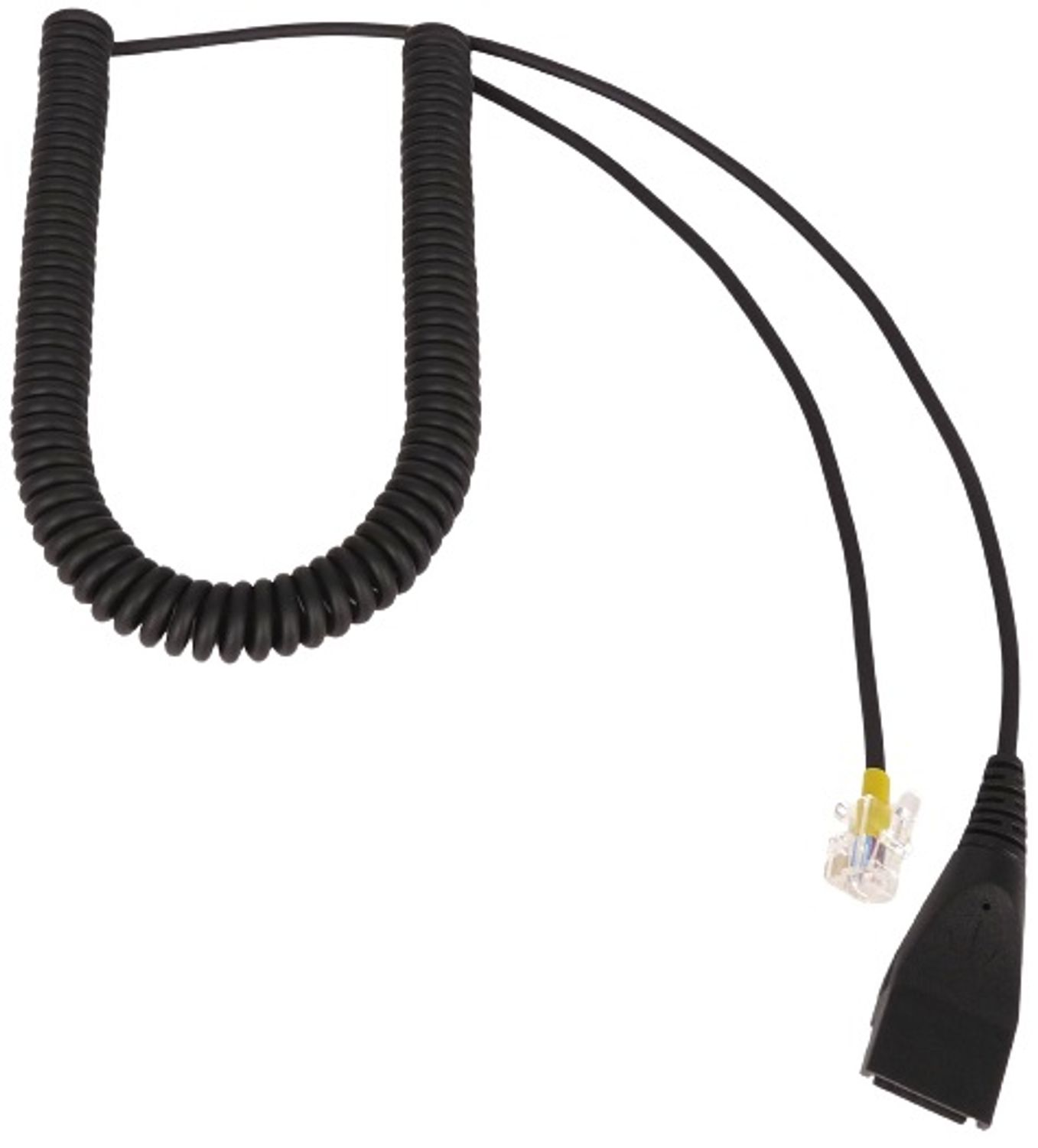 Ein schwarzes, gewendeltes Telefonkabel mit zwei Anschlüssen, einem Telefonanschluss und einem schwarzen Stecker.