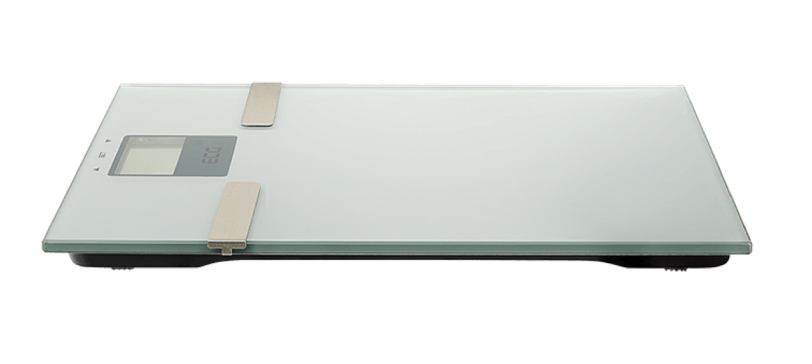 Eine digitale Badezimmerwaage mit Glasoberfläche auf weißem Hintergrund.
