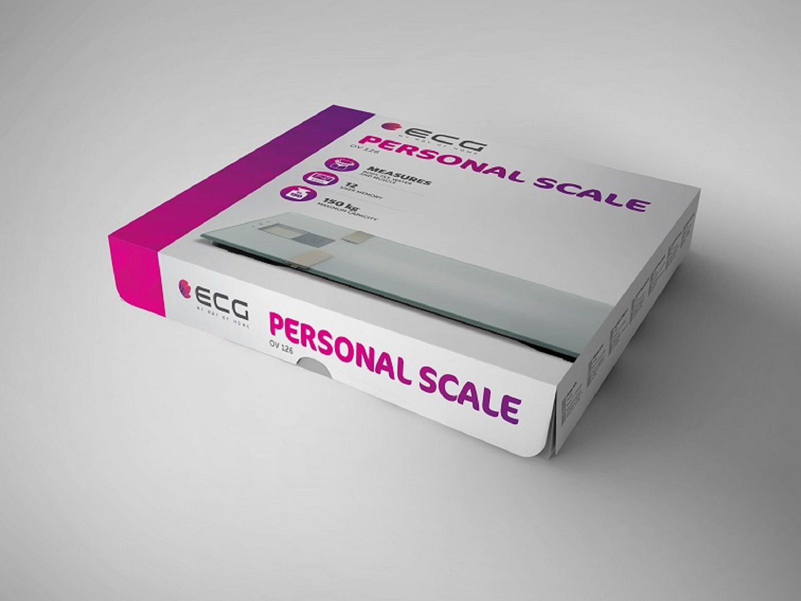Box für eine Personenwaage mit pink-weißem Design. Text enthält 'Personal Scale' und 'ECG'.