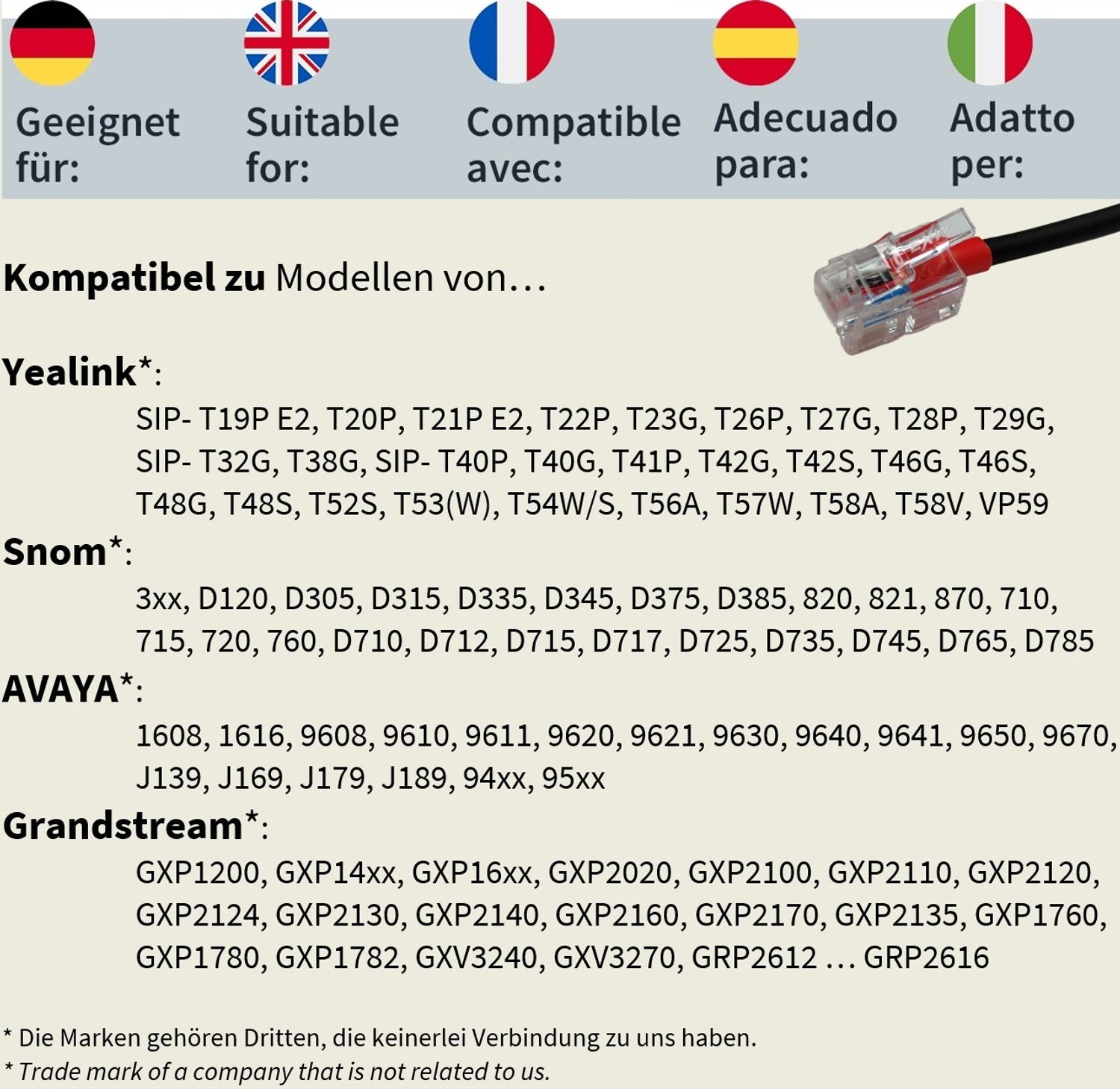 Verschiedene Telefonsteckertypen mit Kompatibilitätslogos und Text.