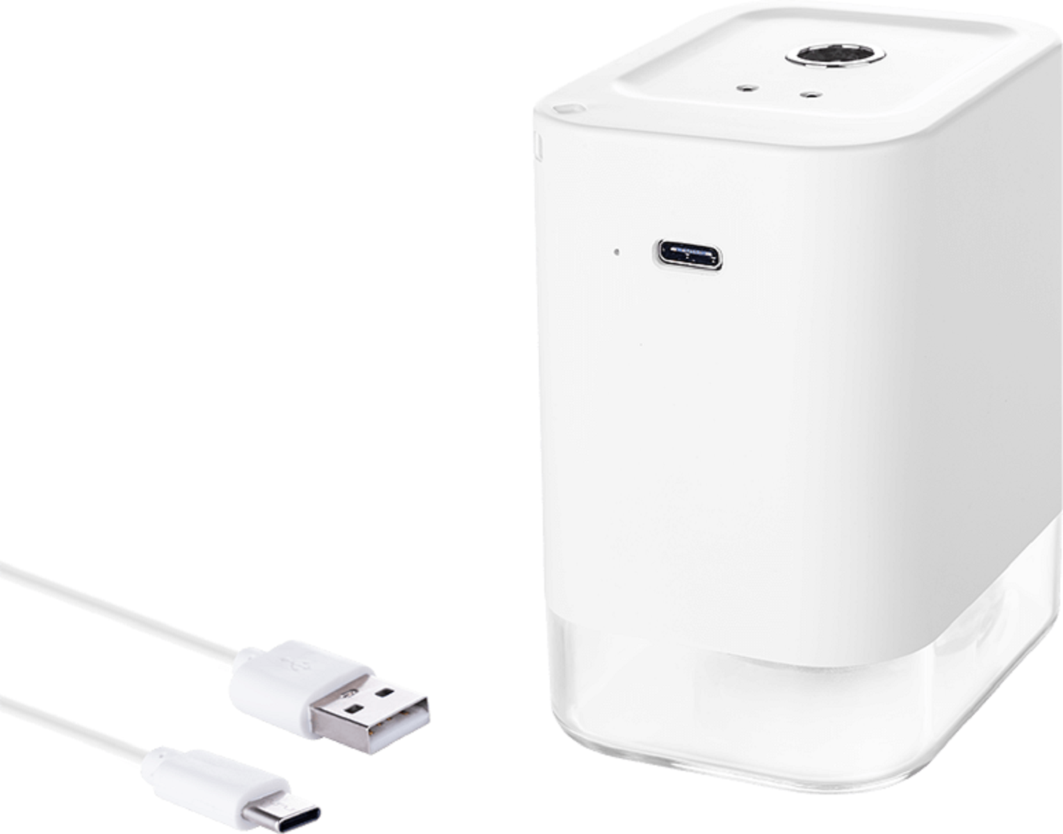 Weißer, rechteckiger Desinfektionsmittelspender mit USB-Anschluss und weißem USB-Kabel. Weißer Hintergrund.