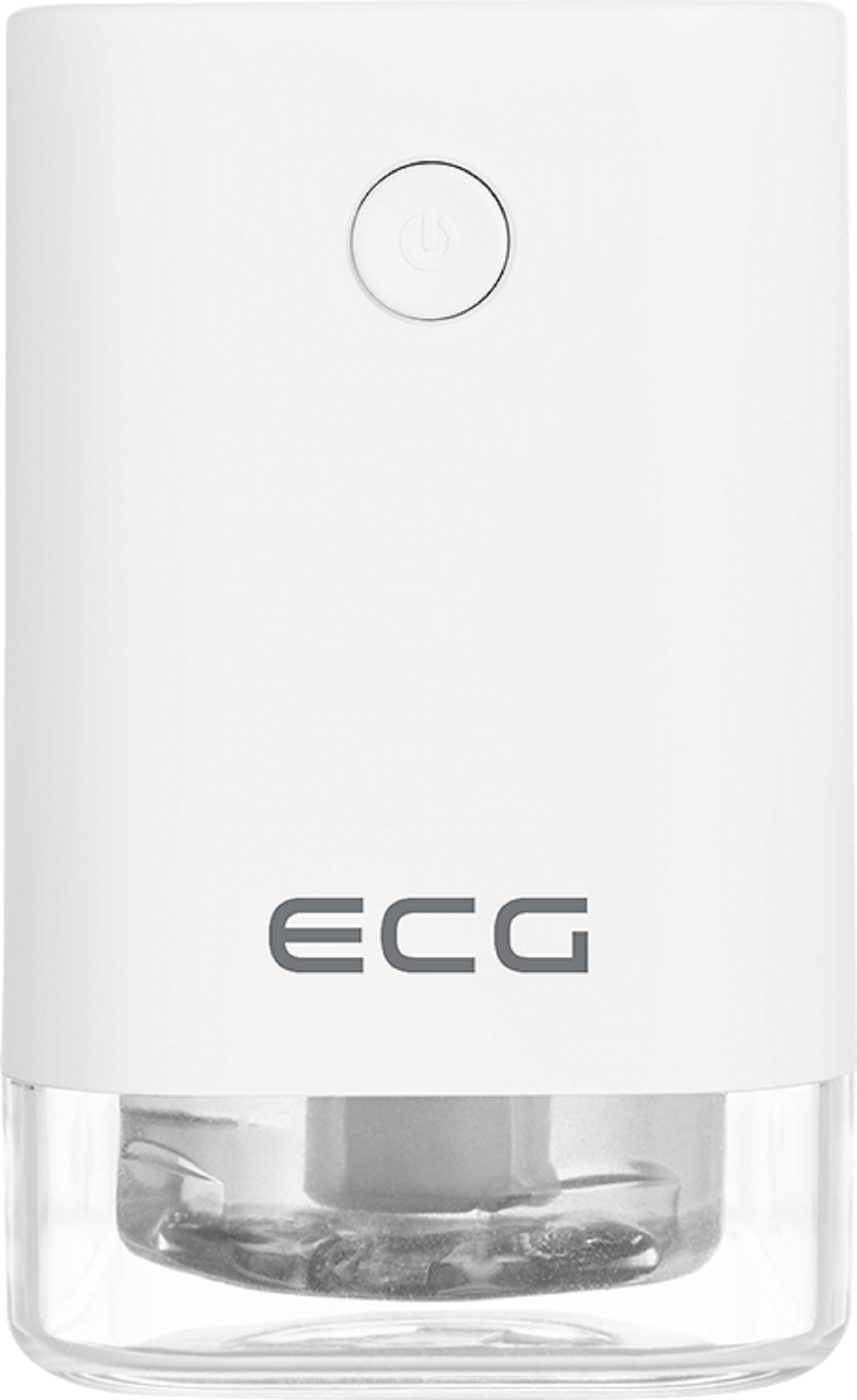 Weißes zylindrisches Gerät mit Power-Taste oben und 'ECG'-Logo. Transparenter Sockel sichtbar.