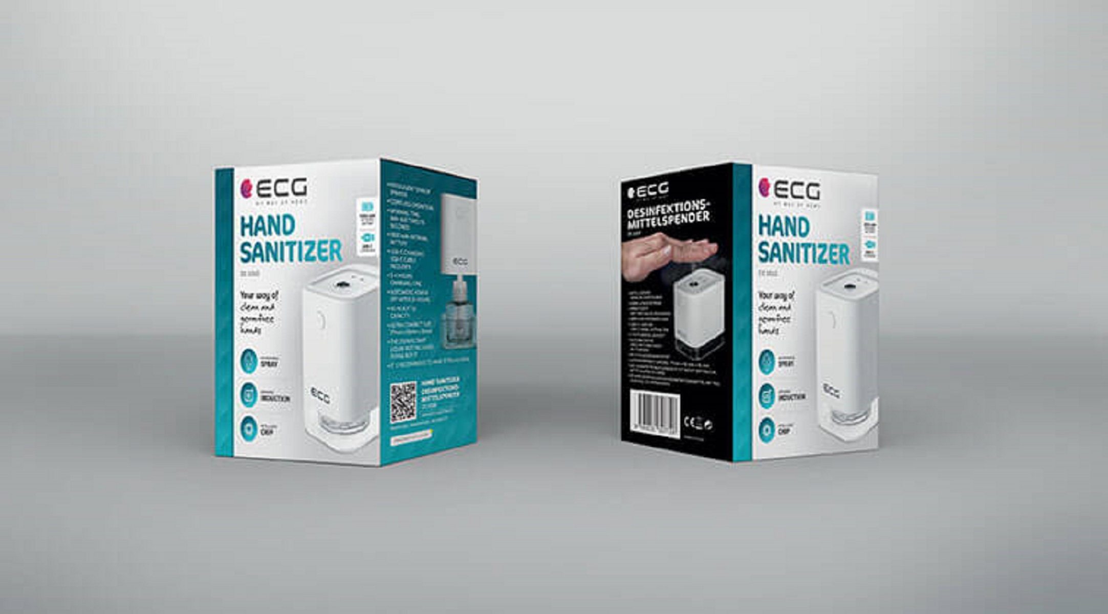 Zwei Schachteln Handdesinfektionsmittel. Die Verpackung ist weiß und hat türkisfarbene Akzente.
