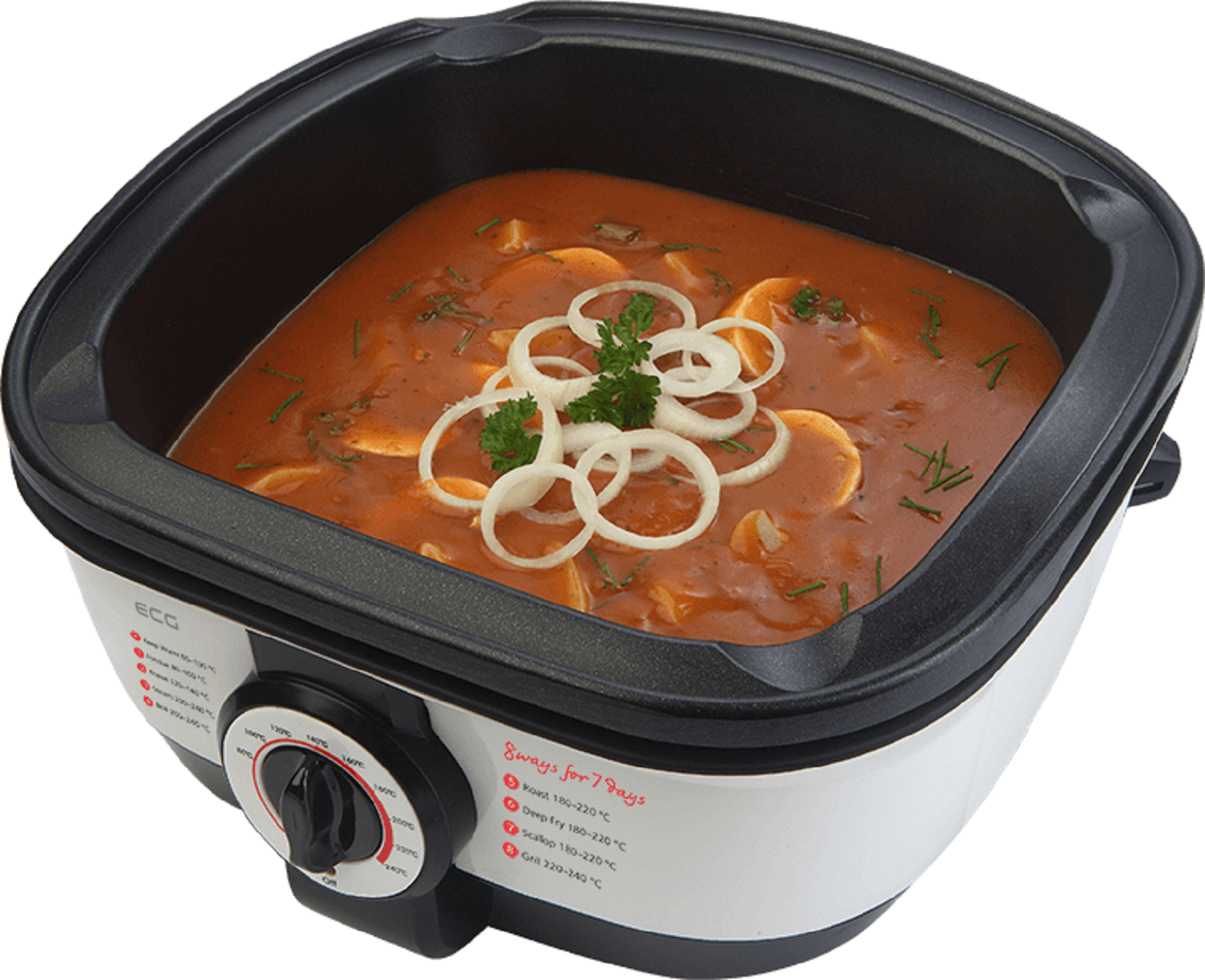 Eine schwarz-weiße elektrische Fritteuse mit Essen. Das Essen enthält Sauce, Zwiebeln und Petersilie.