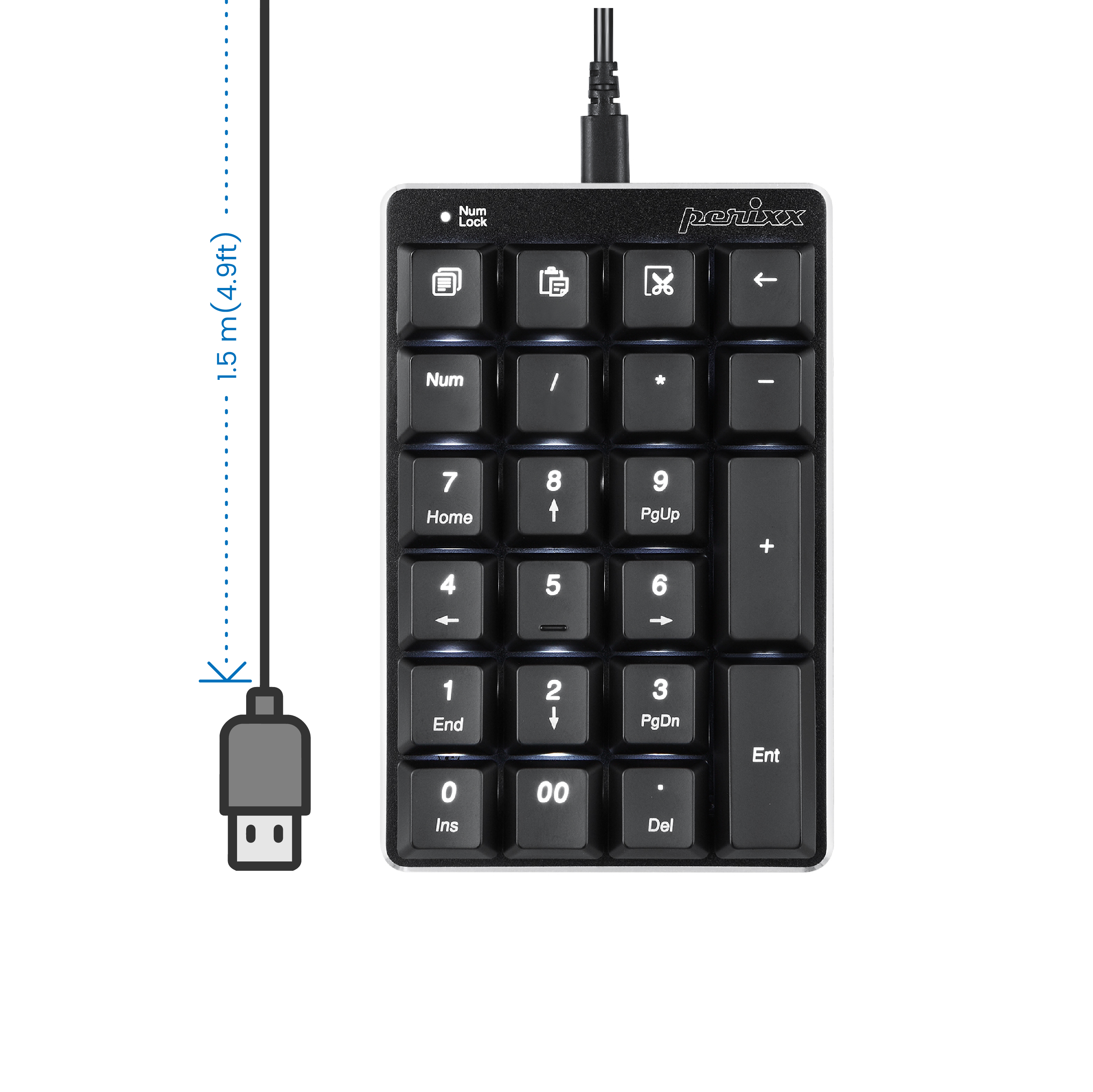 Tastierino numerico nero con cavo nero e spina USB. Il cavo è lungo 1,5 m. Lo sfondo è bianco.