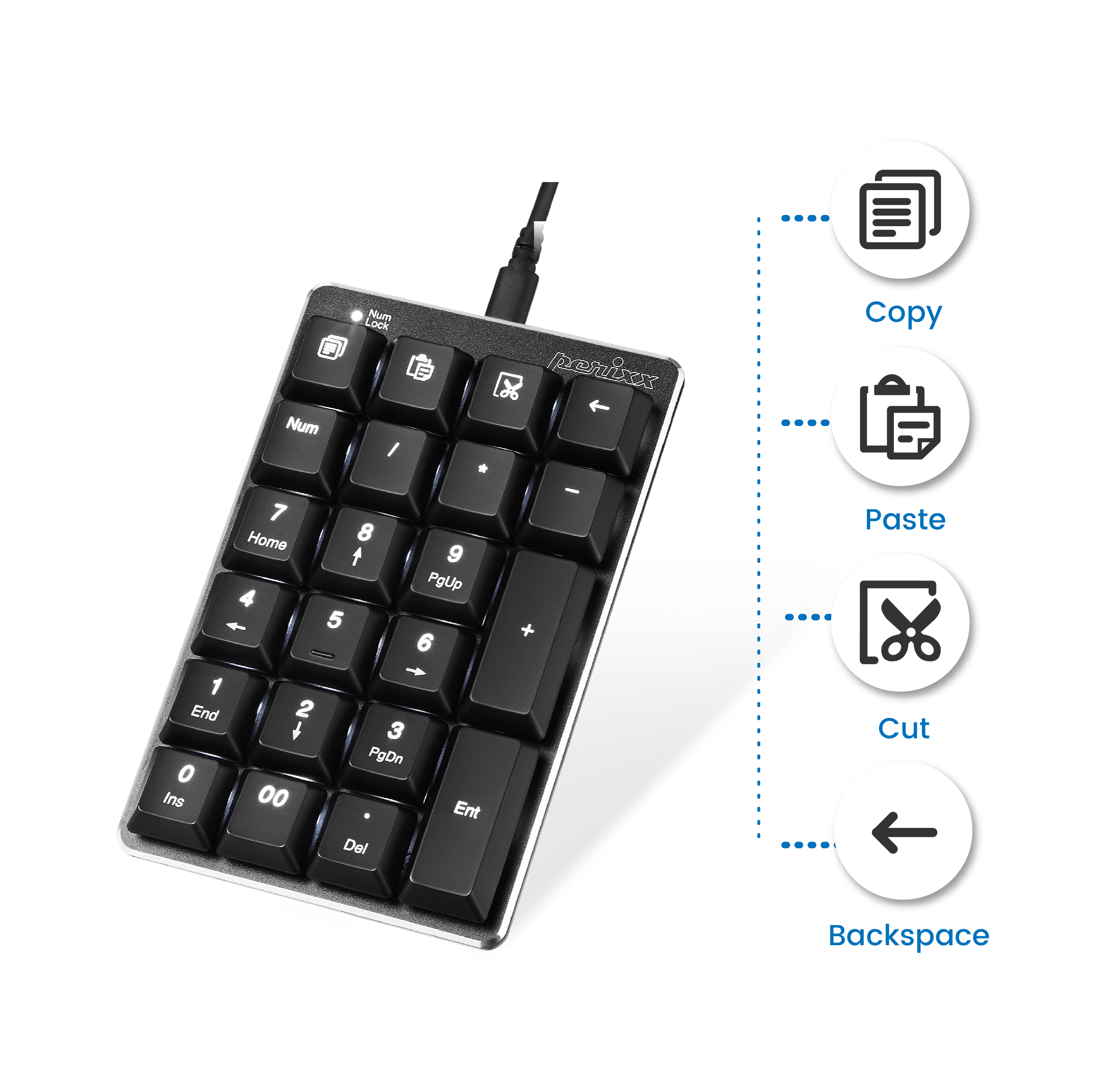 Tastierino numerico nero con tasti bianchi, icone copia, incolla, taglia e backspace. Lo sfondo è bianco.