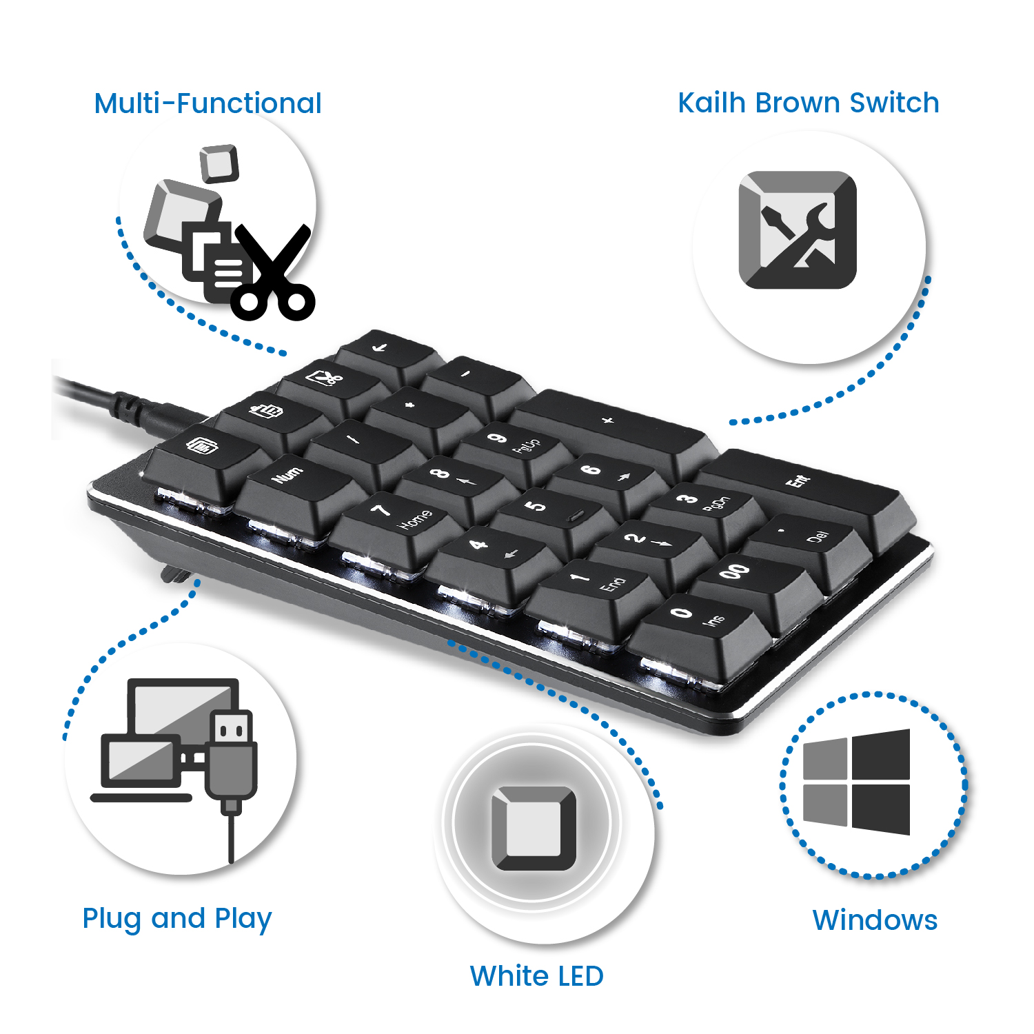 Tastierino numerico nero con icone per multifunzionale, Kailh Brown Switch, Plug and Play, LED bianco e Windows.