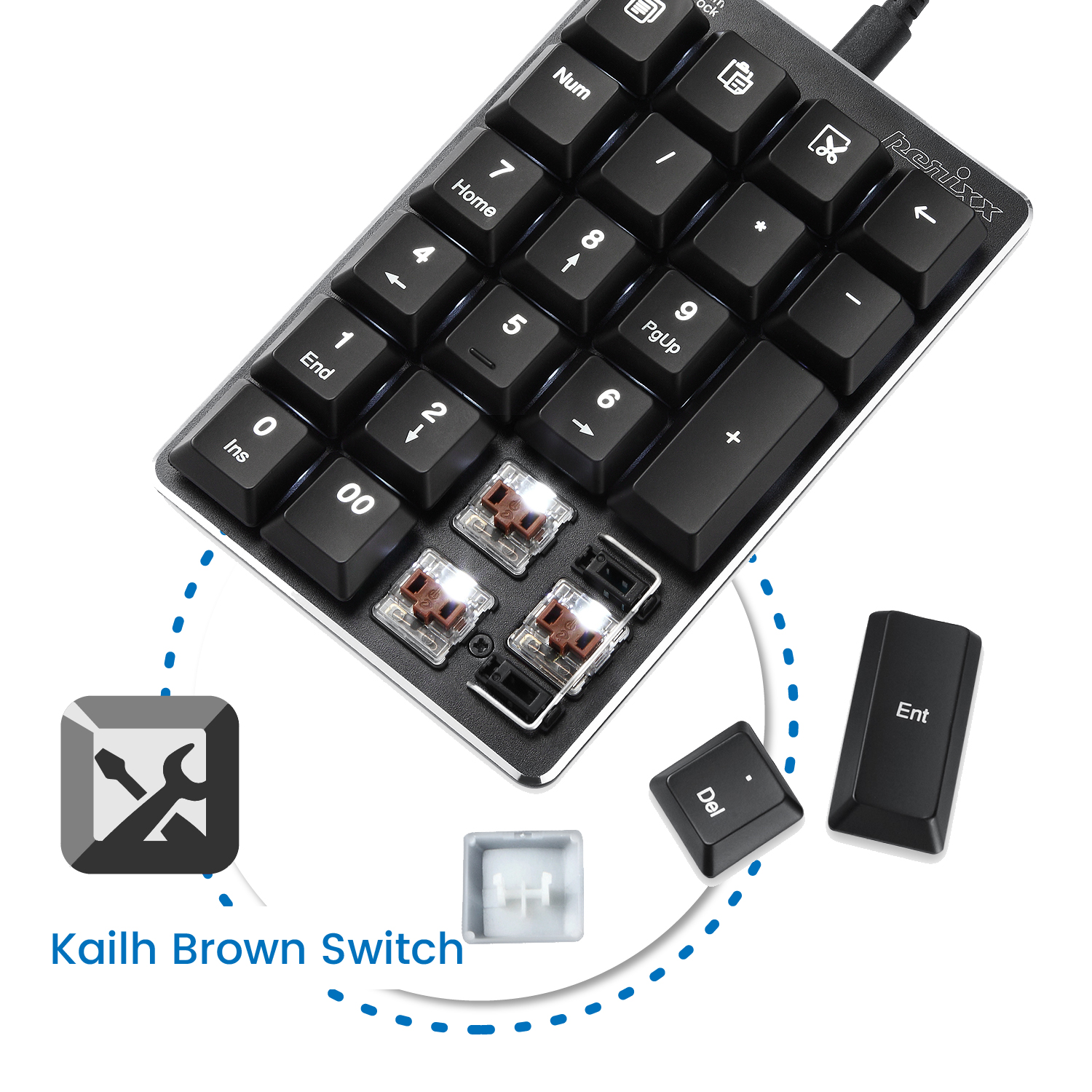 Tastierino numerico nero con tasti e Kailh Brown Switch. Lo sfondo è bianco.