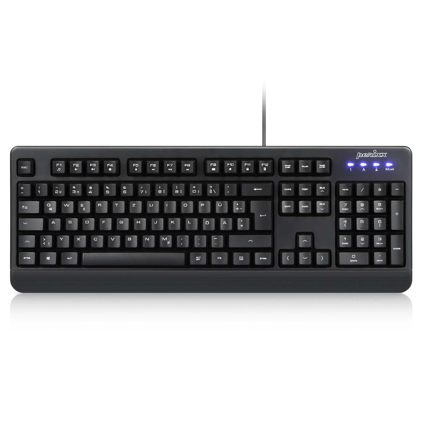 Schwarze Tastatur mit weißen Tasten, mit einigen blauen Kontrollleuchten oben.