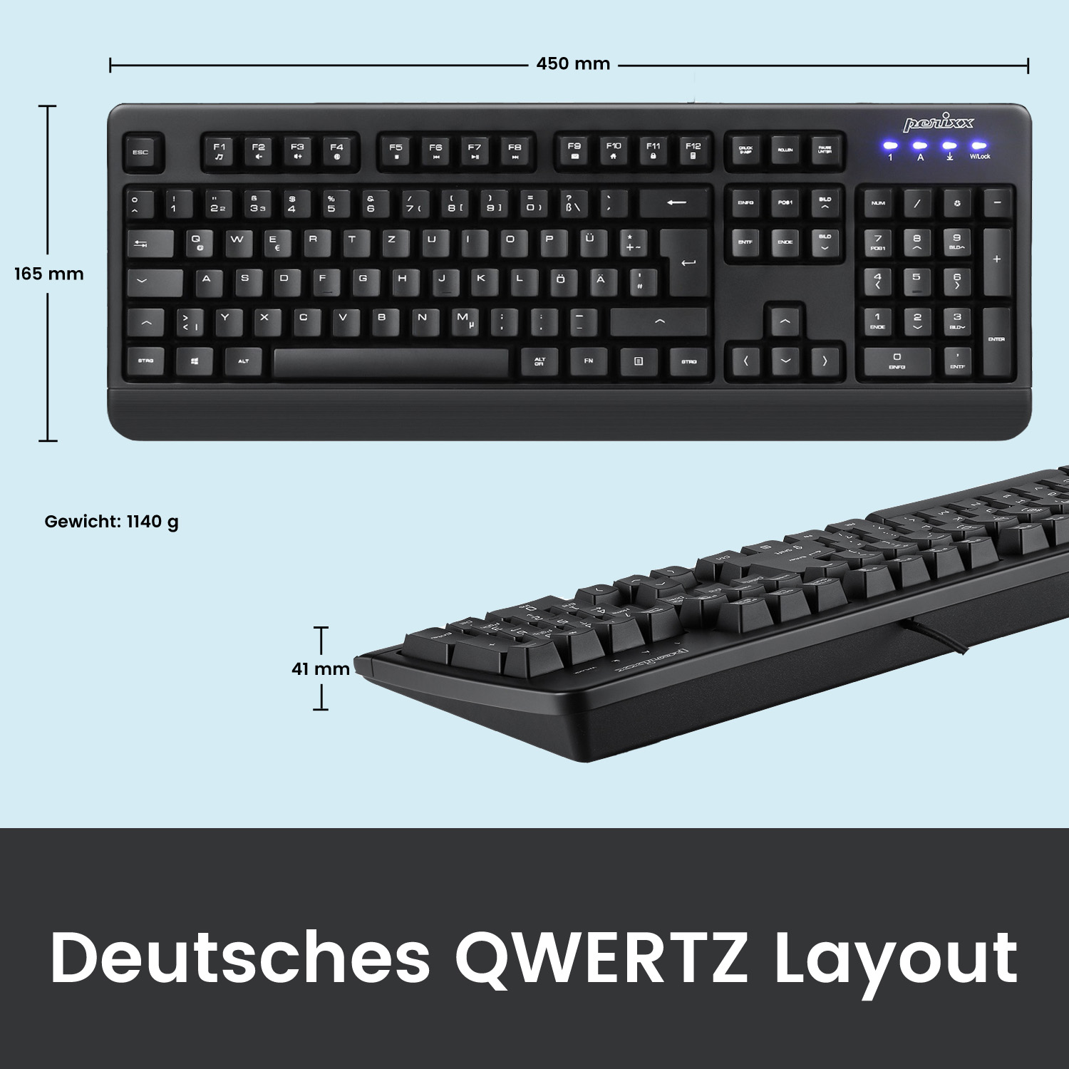 Schwarze Tastatur mit deutschem QWERTZ-Layout. Abmessungen und Gewicht beschriftet.