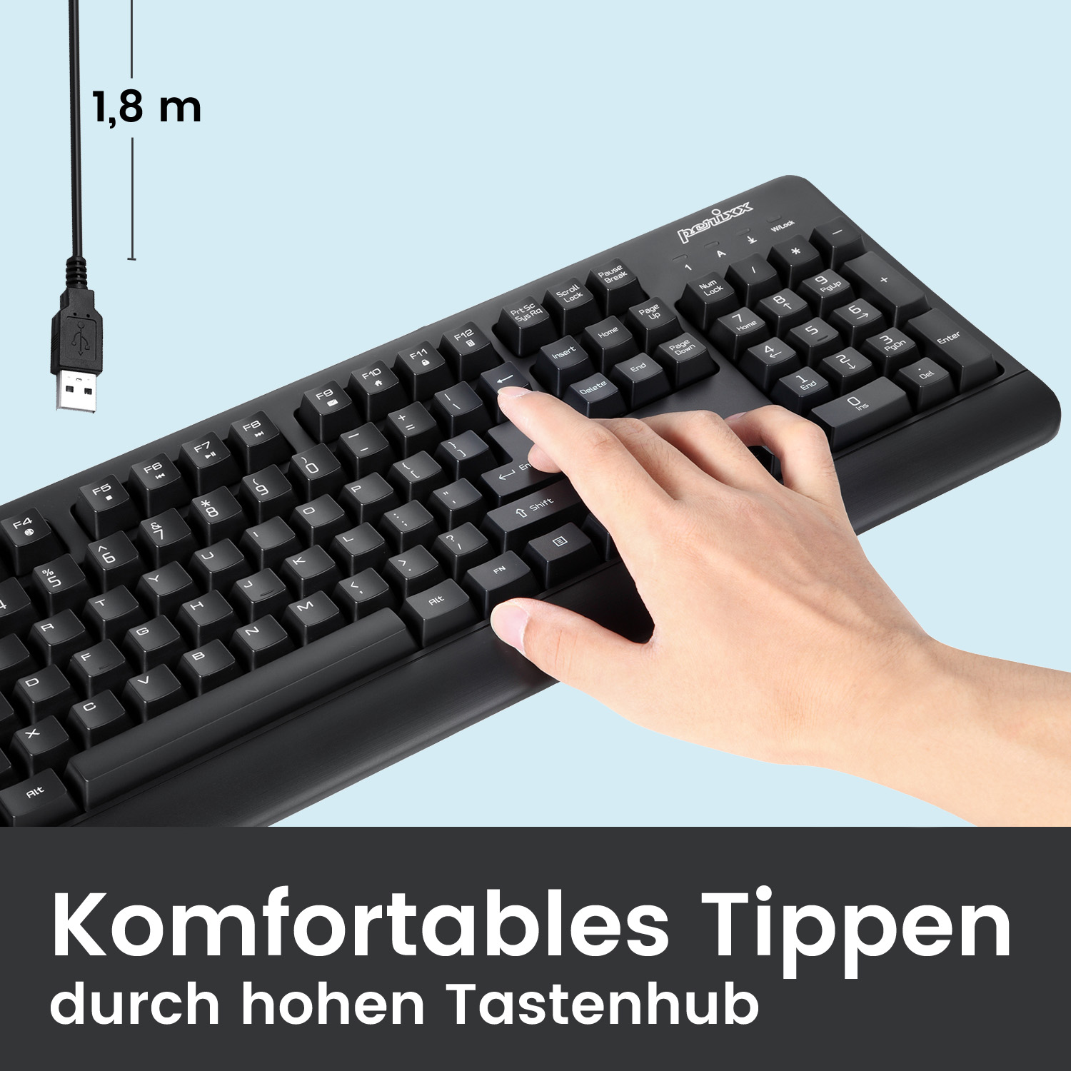 Schwarze Tastatur mit einer Hand, die tippt. Der Text lautet "Komfortables Tippen". Ein USB-Kabel ist sichtbar.