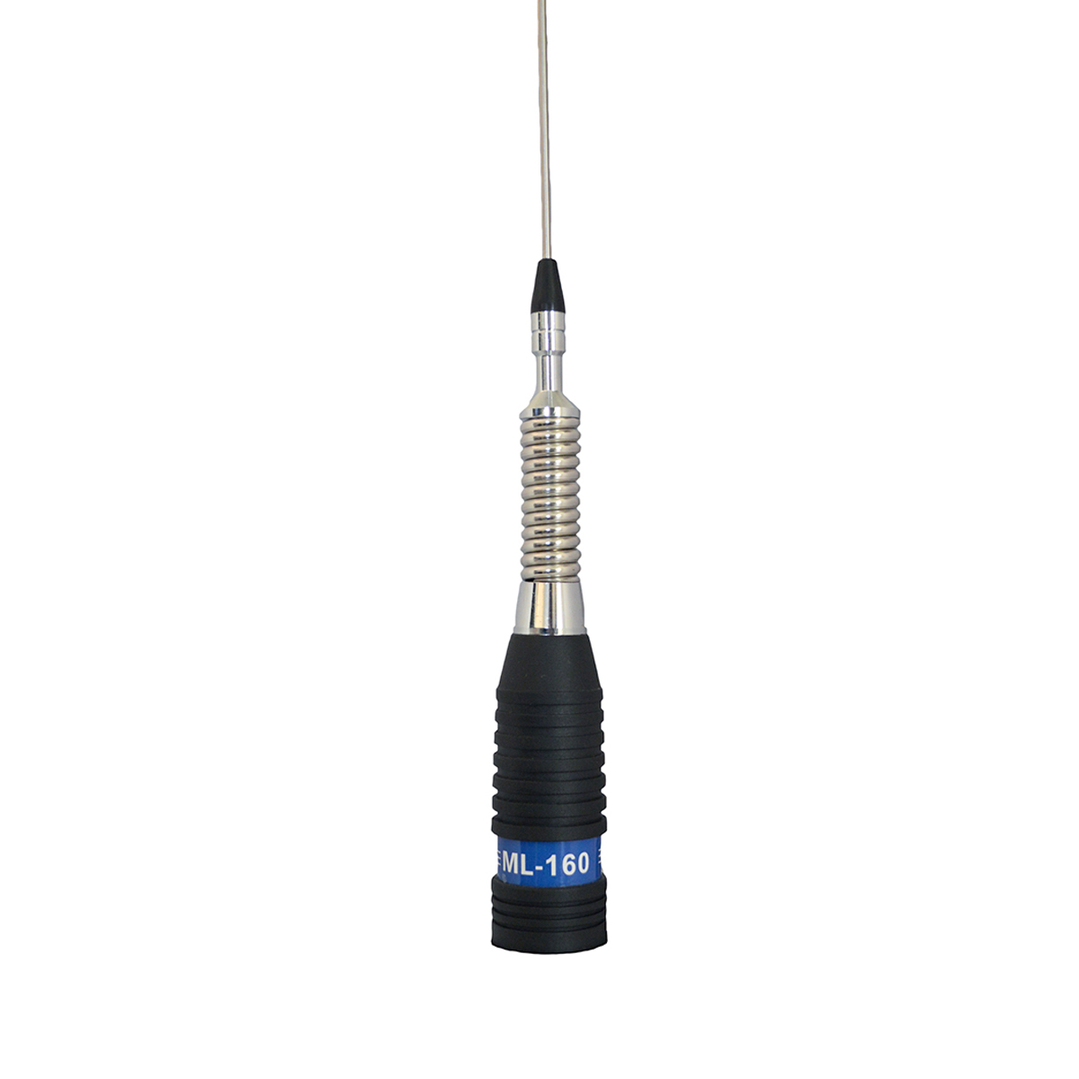 Silberne und schwarze Antenne mit blauem Sockel. Isoliert auf weißem Hintergrund.