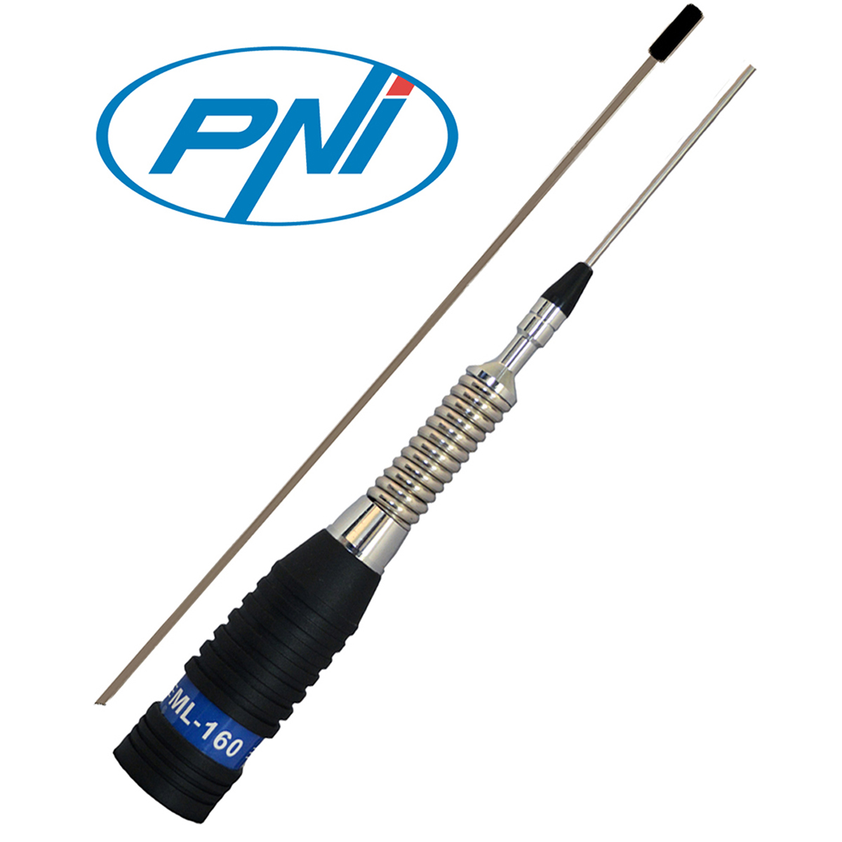 Eine schwarz-silberne Antenne mit blau-weißem PNI-Logo im Hintergrund.