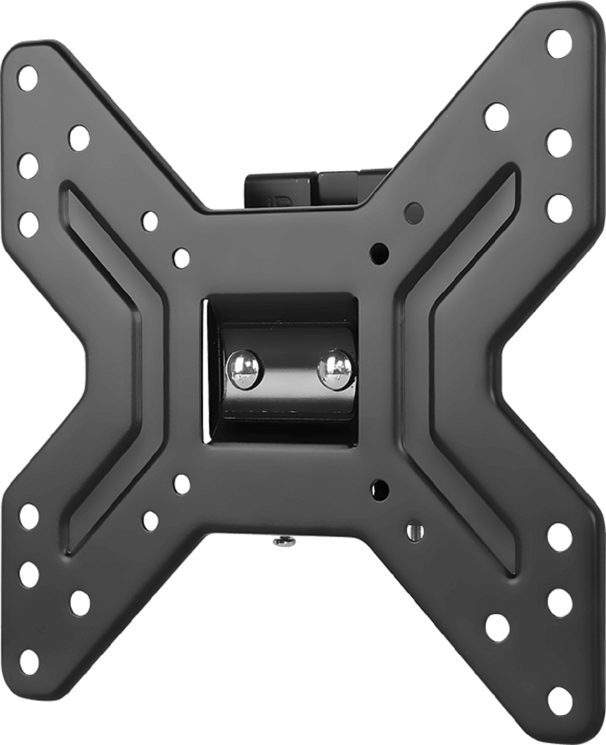 Schwarze TV-Wandhalterung aus Metall auf weißem Hintergrund. Die Halterung ist kreuzförmig.