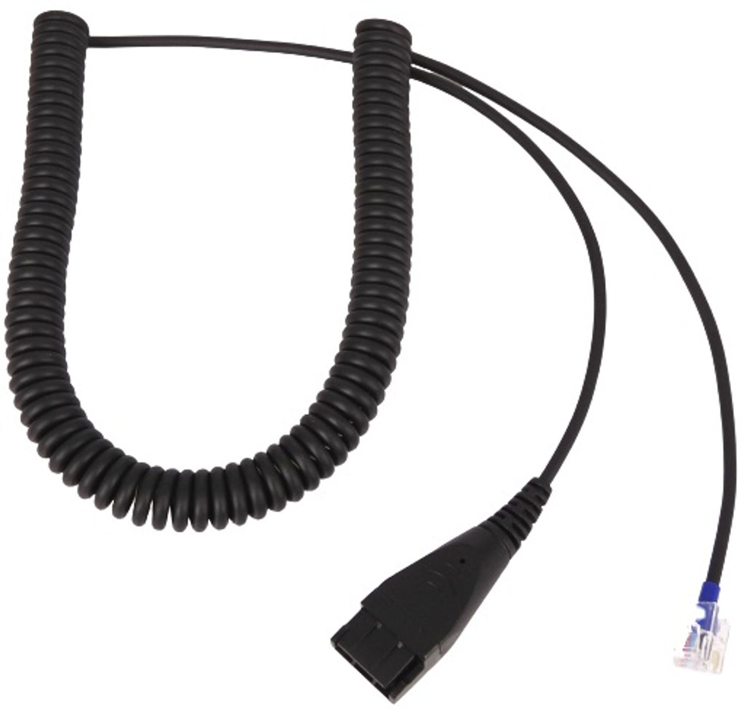 Ein schwarzes Spiralkabel mit einem Stecker. Weißer Hintergrund.
