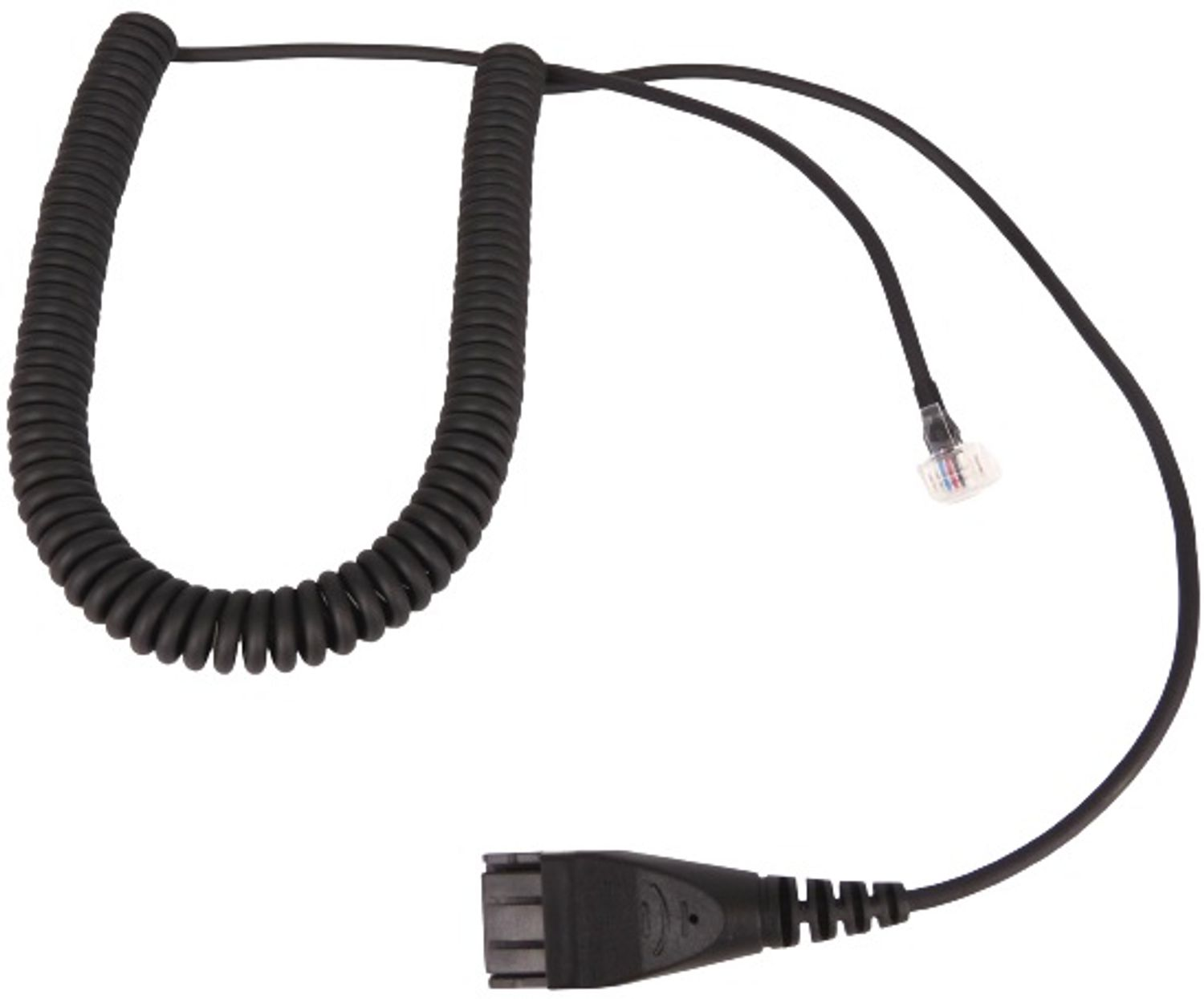 Ein gewendeltes schwarzes Kabel mit einem Stecker an jedem Ende, mit einem geraden Kabel.