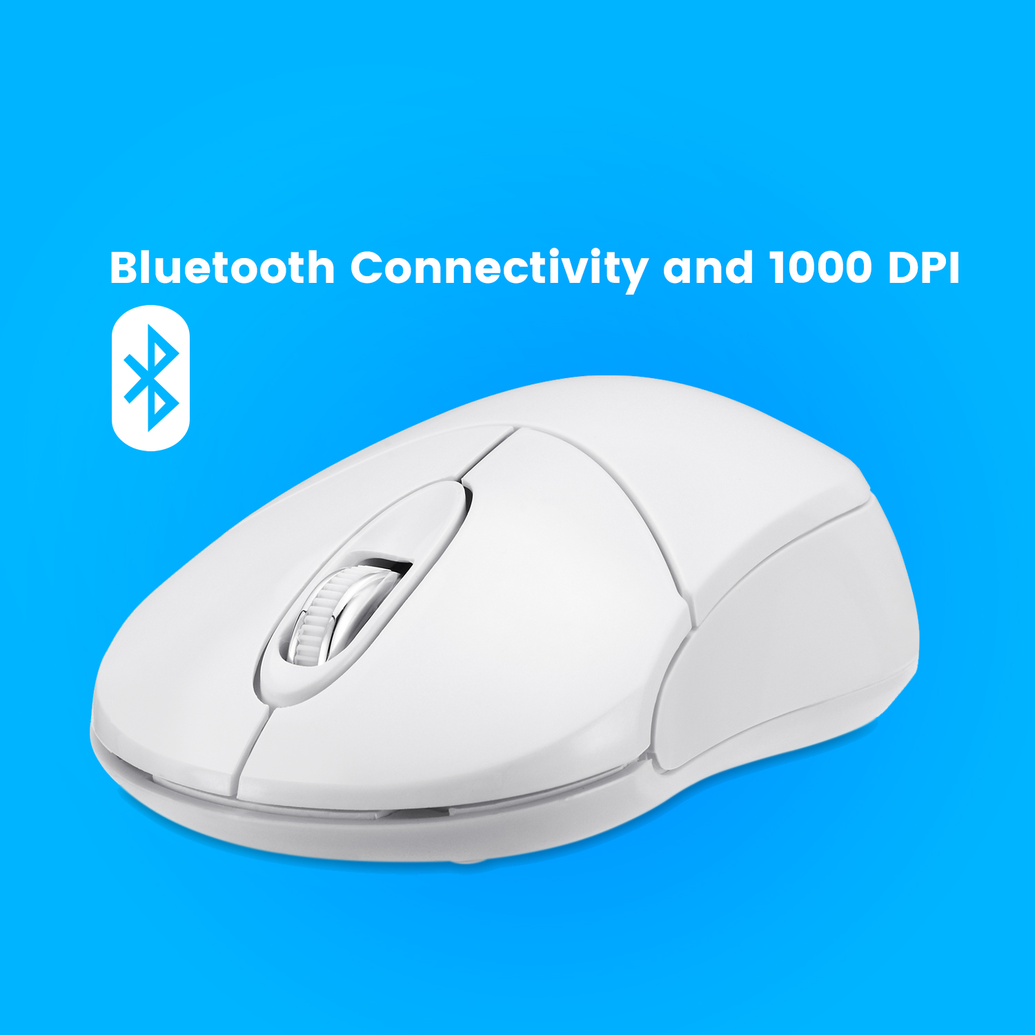 Weiße kabellose Maus auf blauem Hintergrund mit Text: Bluetooth-Konnektivität und 1000 DPI.