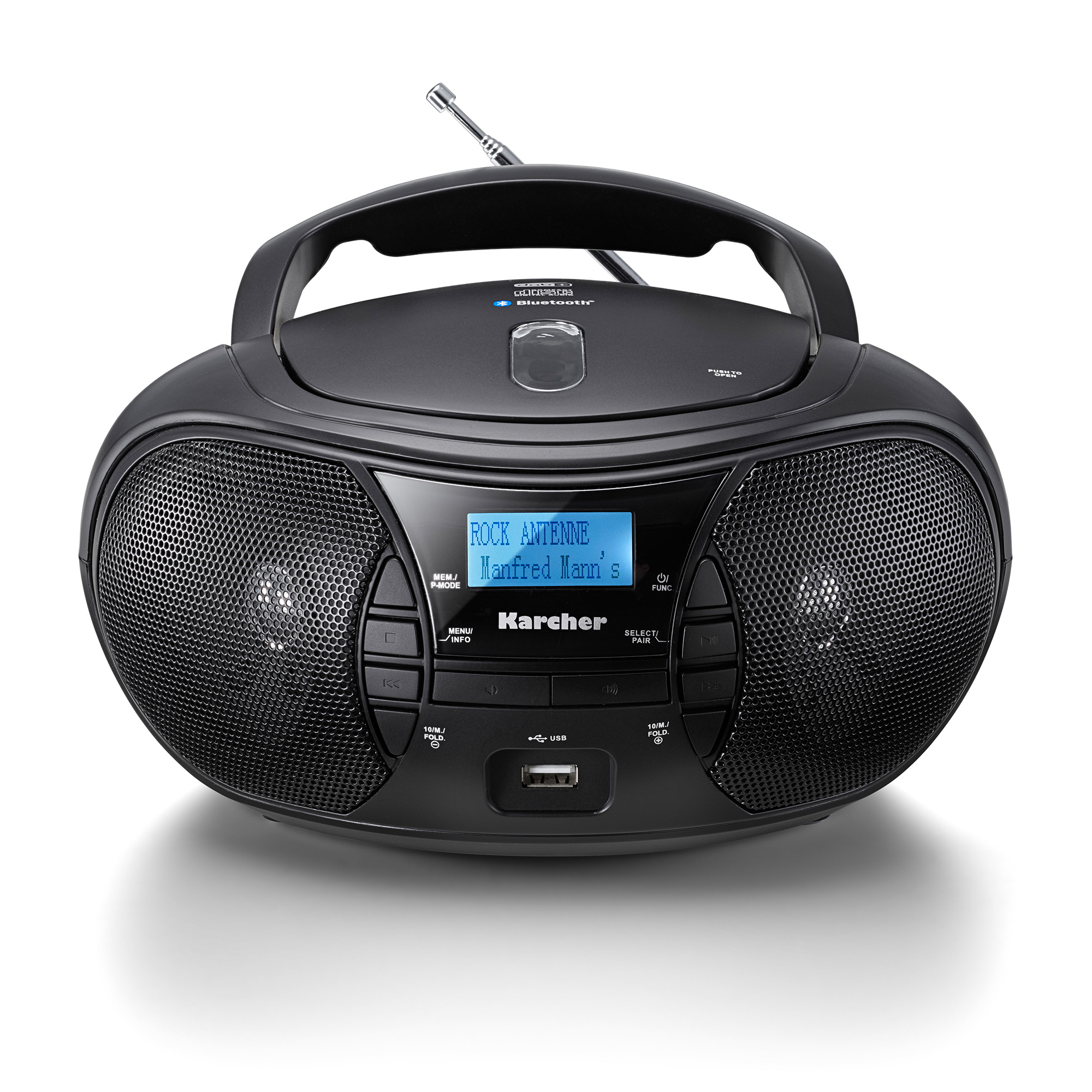 Una radio nera con maniglia, griglie degli altoparlanti e display blu con testo.