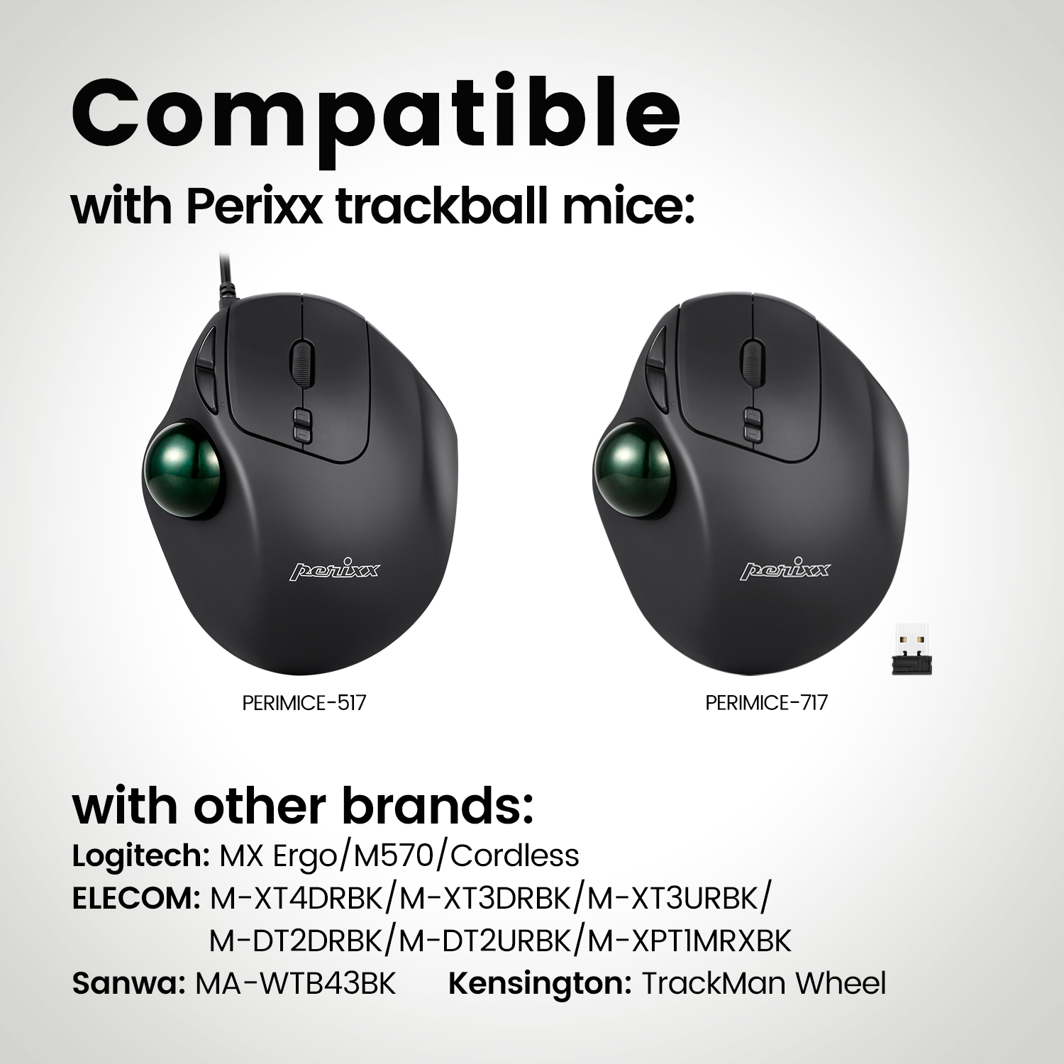 Zwei Perixx Trackball-Mäuse, schwarz, mit Markennamen und Modellnummern unten gelistet.