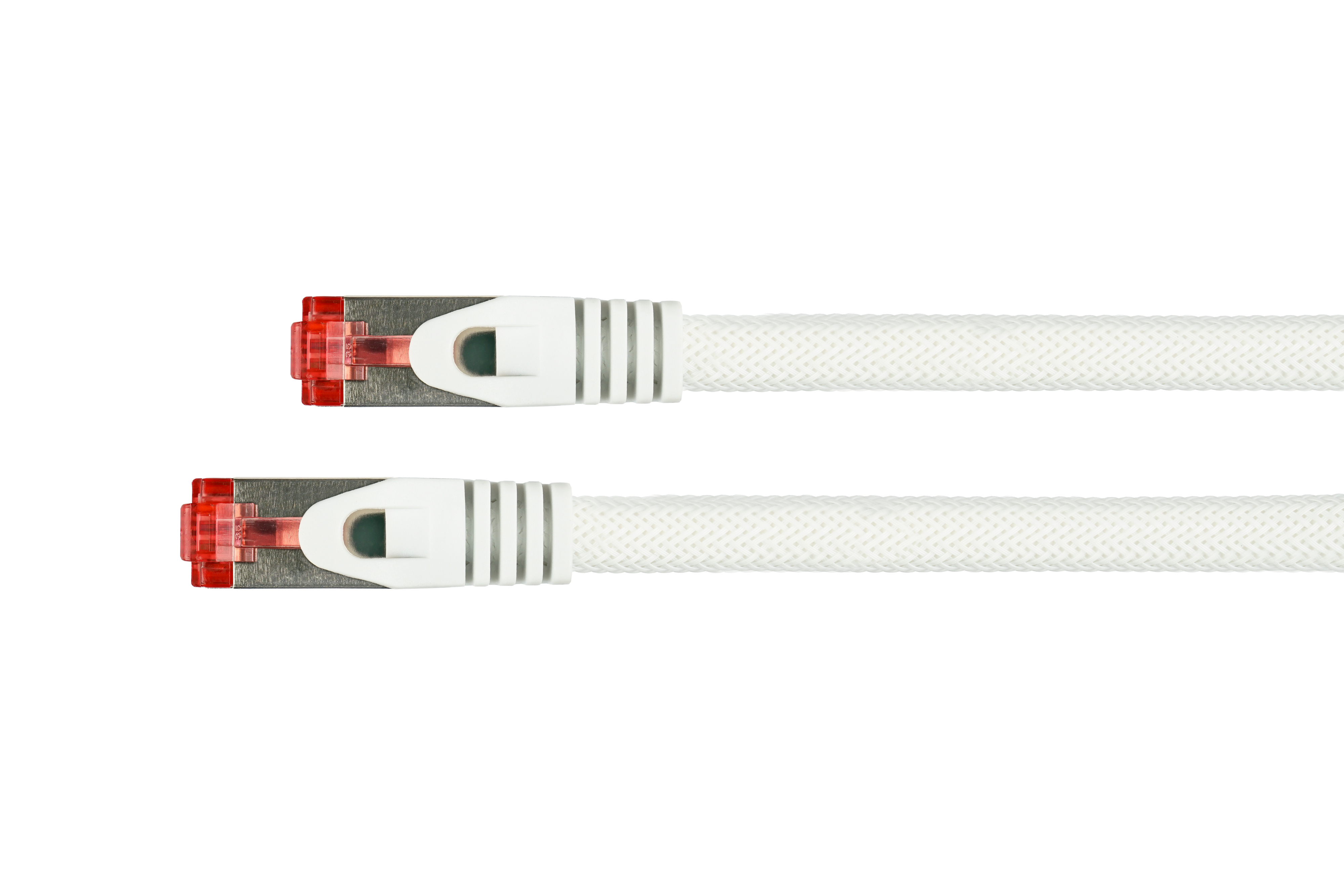 Due cavi Ethernet bianchi con connettori rossi su sfondo bianco.